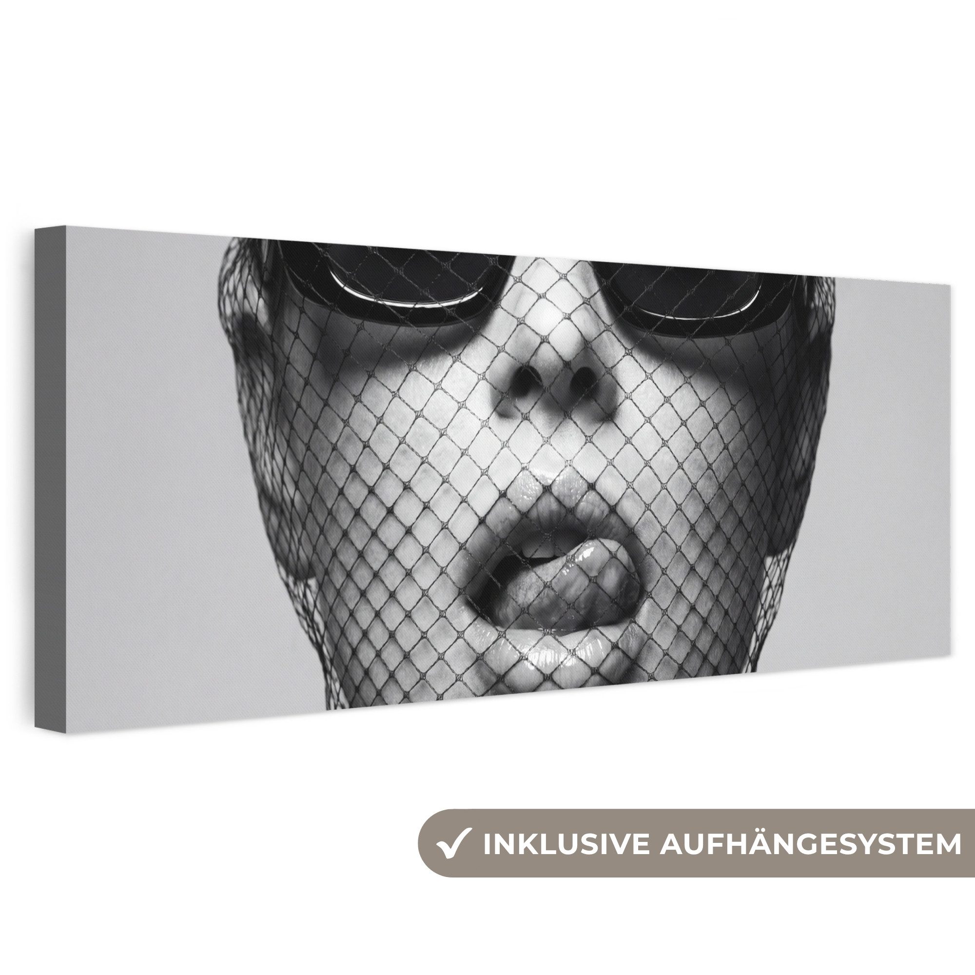 OneMillionCanvasses® Leinwandbild Panorama Frau - Netz - Mysteriös - Schwarz - Weiß, Fotodruck (1 St), Wandbild, Deko Schlafzimmer Wohnzimmer Flur 60x20 cm