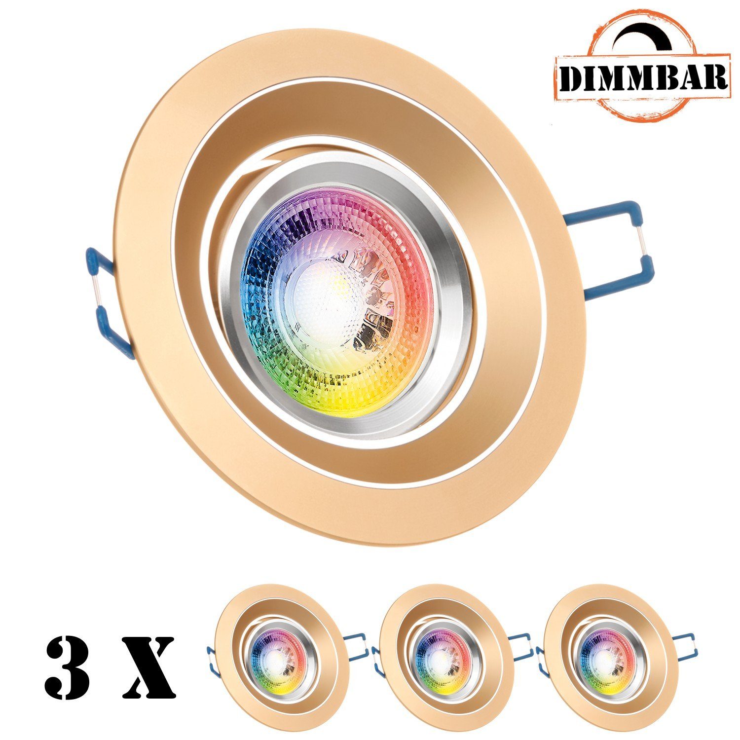 LEDANDO LED Einbaustrahler 3er RGB LED Einbaustrahler Set GU10 in gold / messing mit 3W LED von L | Strahler