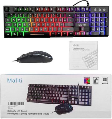 mafiti Regenbogen LED Hintergrundbeleuchtung Tastatur- und Maus-Set, Ideal für Gaming und Büro, QWERTZ (DE-Layout), Multimedia-Tasten