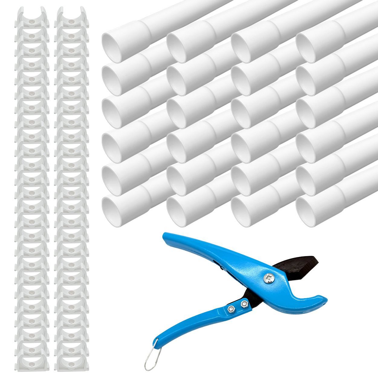 ARLI Leerrohr Installationsrohr M16 M20 M25 M32 PVC mit 40 50 25 20 Klemmschellen, (Set, 24-tlg), Elektrorohr, gemufft M20 – 24 Meter (24 Stangen à 1 m) mit 50 Klemmschellen starr