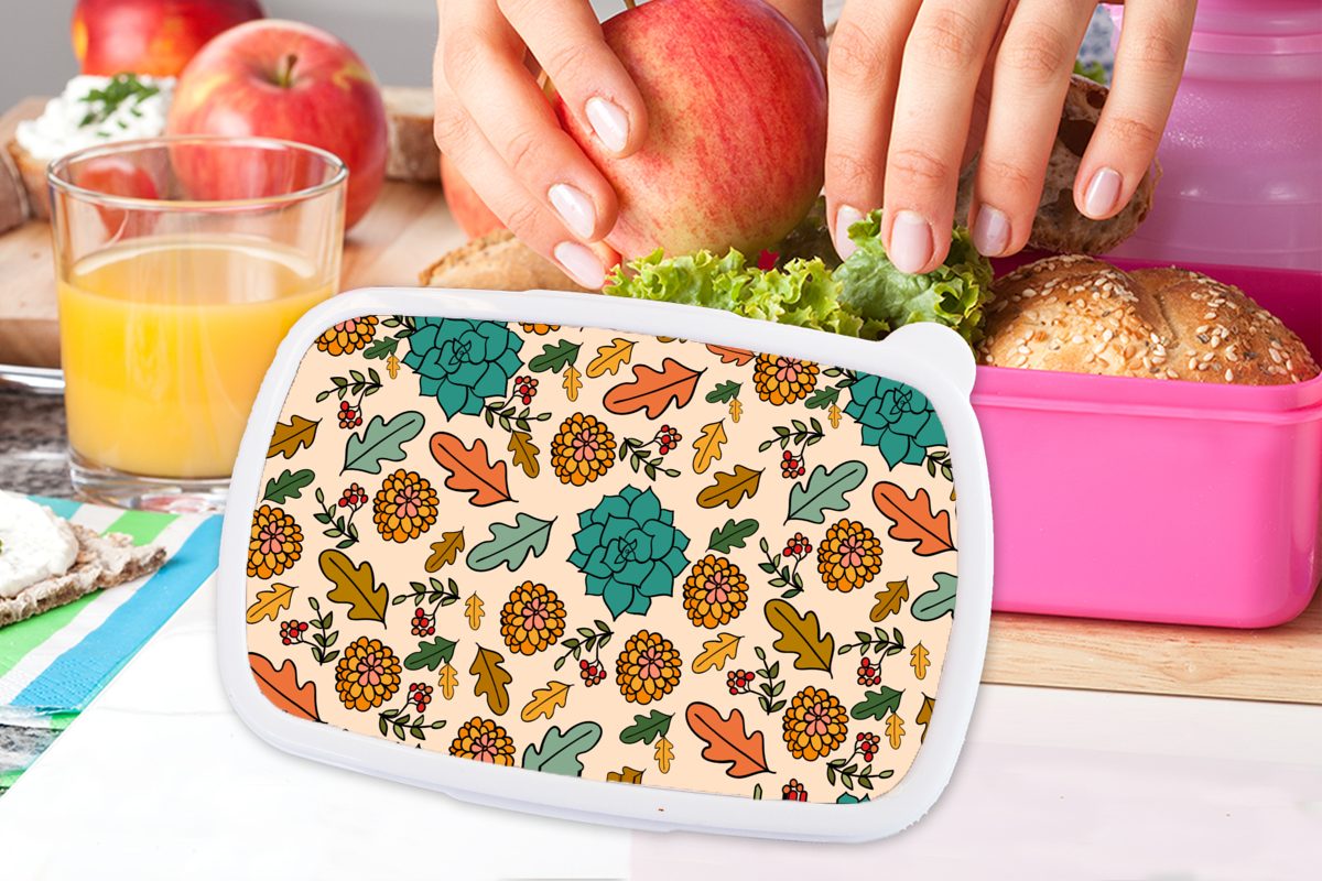 MuchoWow Lunchbox Snackbox, Brotdose Kunststoff, rosa - Herbst - Brotbox Kinder, Blumen Erwachsene, Kunststoff Mädchen, für (2-tlg), Muster