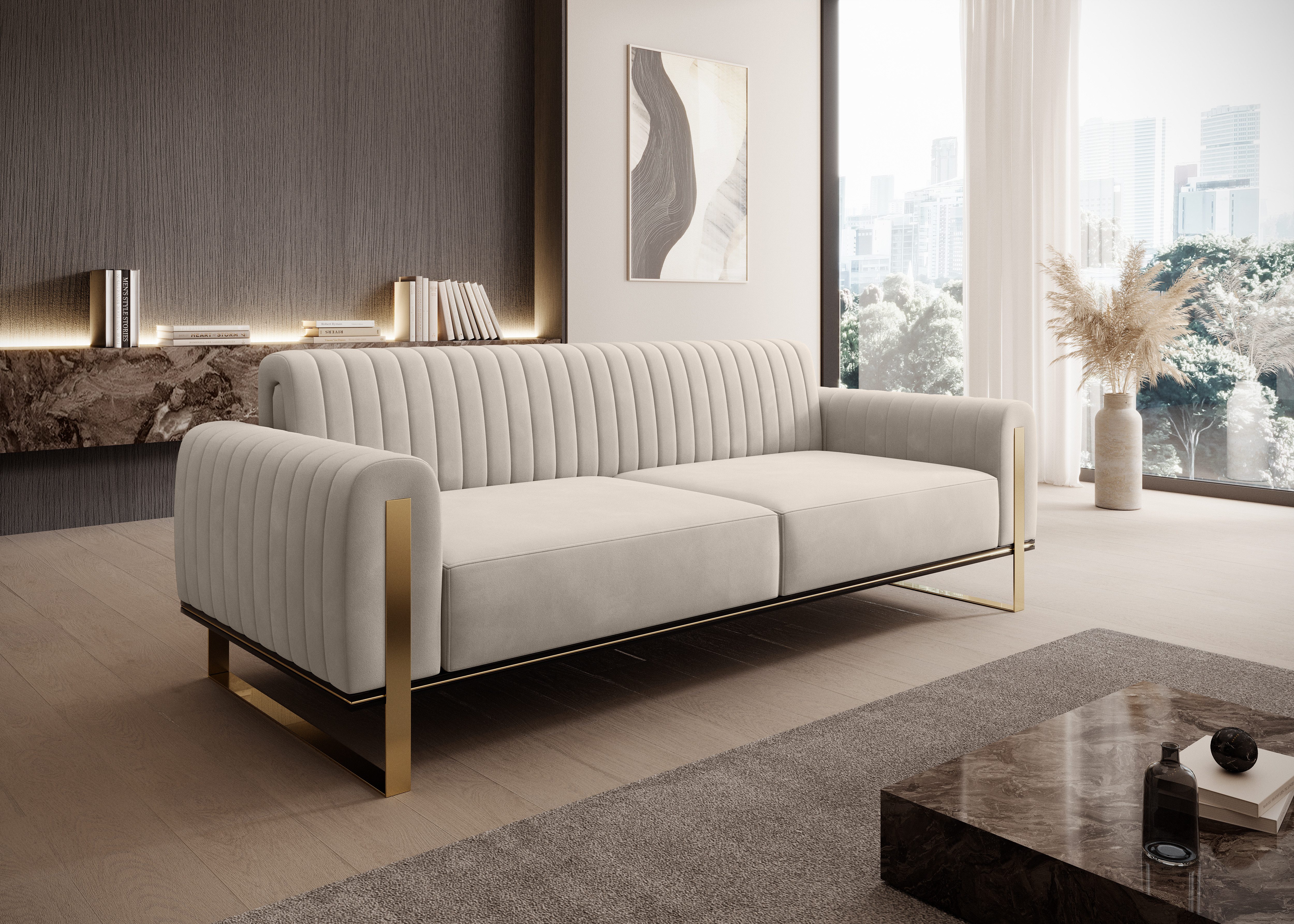 yourhouse24 3-Sitzer Sofa Designersofa Vamos in Samt, Samt-Optik, Metallgestell, Glamour-Stil