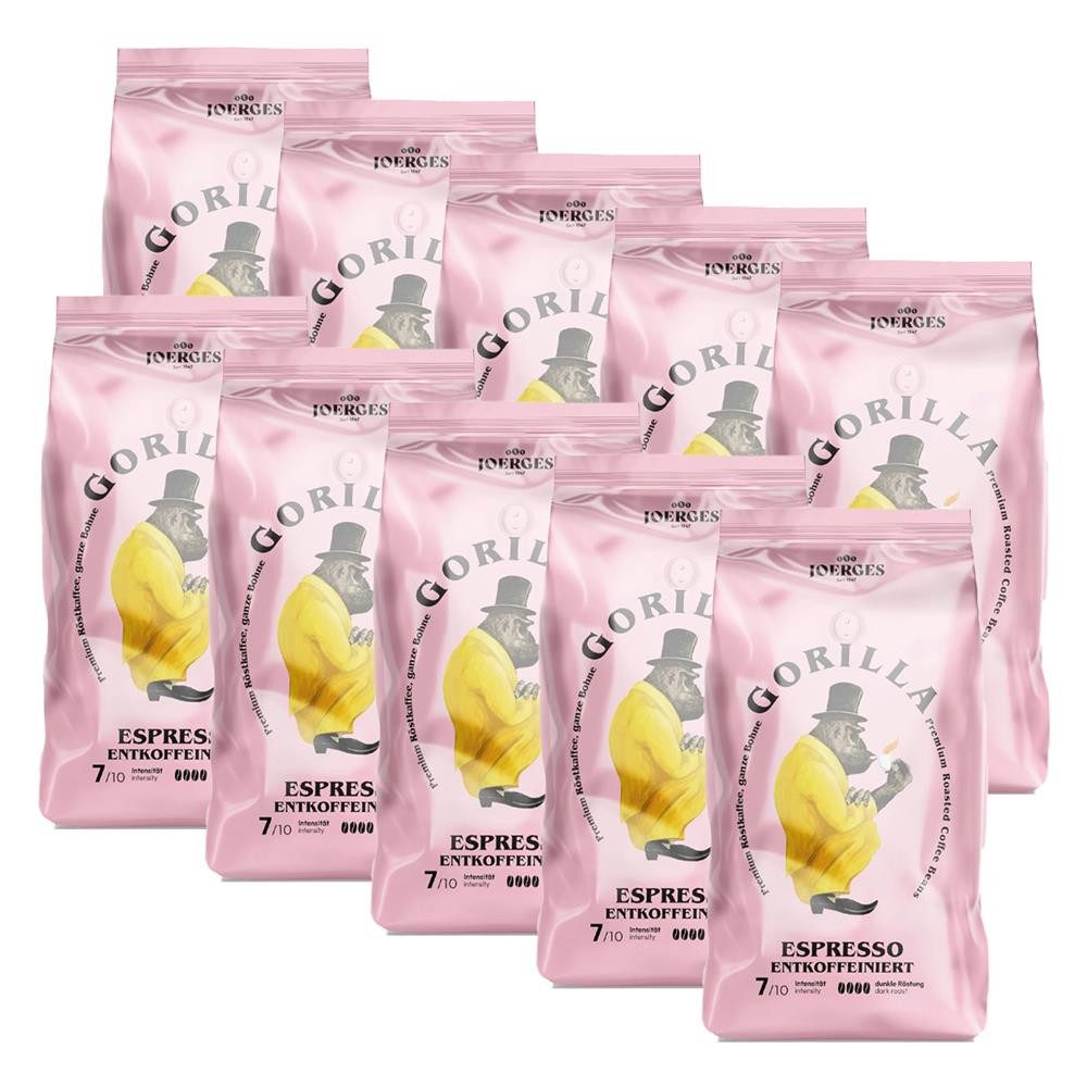 Gorilla Kaffee Joerges Espresso Entkoffeiniert 10x1kg Bohnen Kaffeebohnen, 10 x 1000 g, ausgewogene Mischung sorgt für ein rundes und angenehmes Aroma