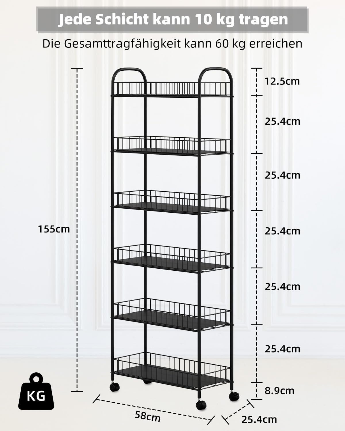 GarveeMore Küchenregal 6-stufiger mit Rollen und Körben,25,4x58x155cm, Dünn günstig online kaufen