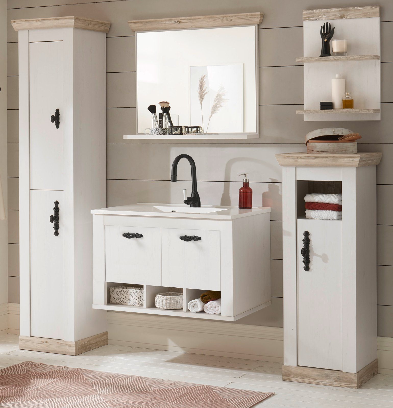 Furn.Design Waschtisch-Set Rovola, (in weiß Pinie Landhausstil, 6-St., 205 x 200 cm), inklusive Waschbecken