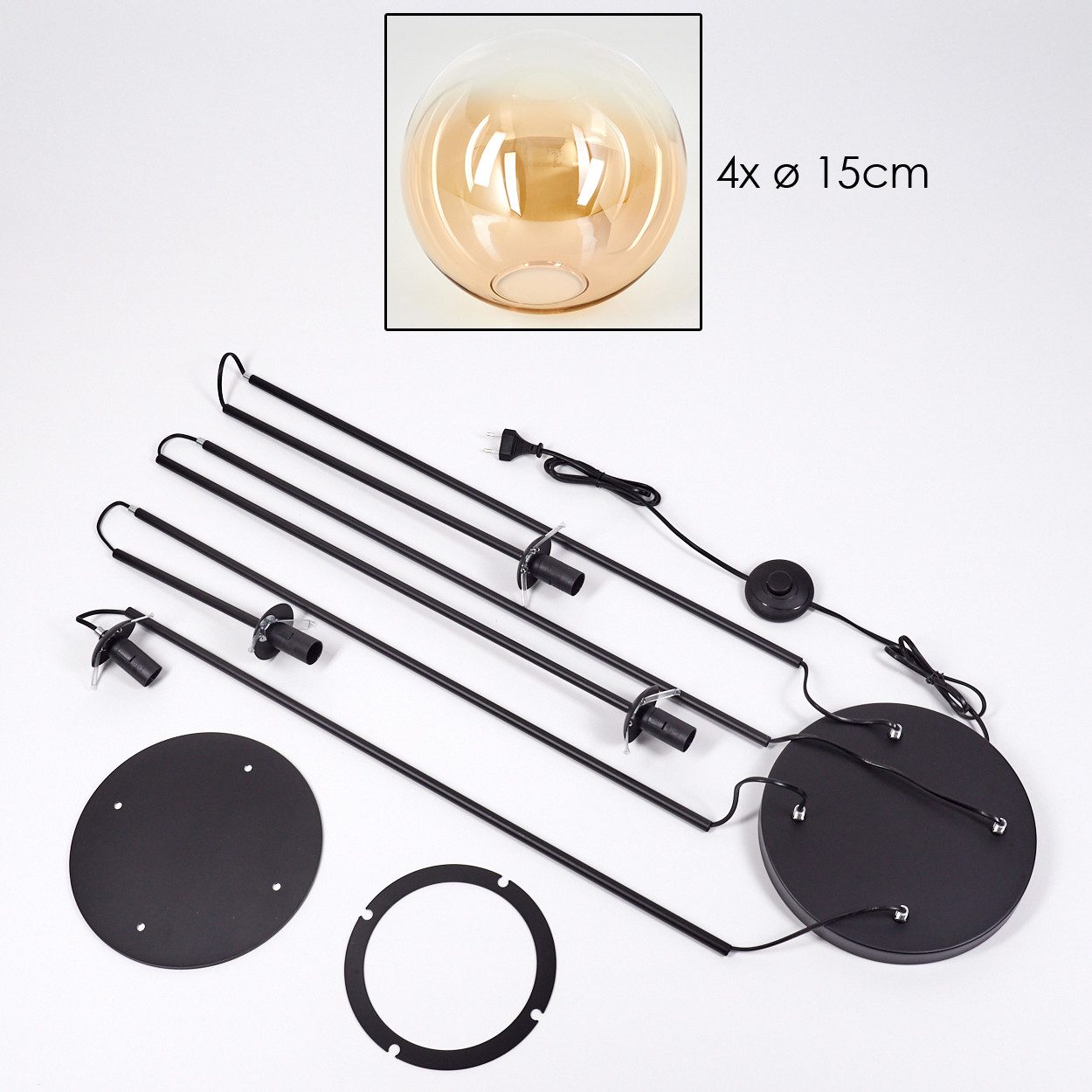 hofstein Stehlampe Stehlampe aus Metall/Glas in Schwarz/Bernstein/Klar mit Fußschalter, ohne Leuchtmittel, Stehleuchte im Retro/Vintage-Design mit Glasschirmen (15 cm), E14