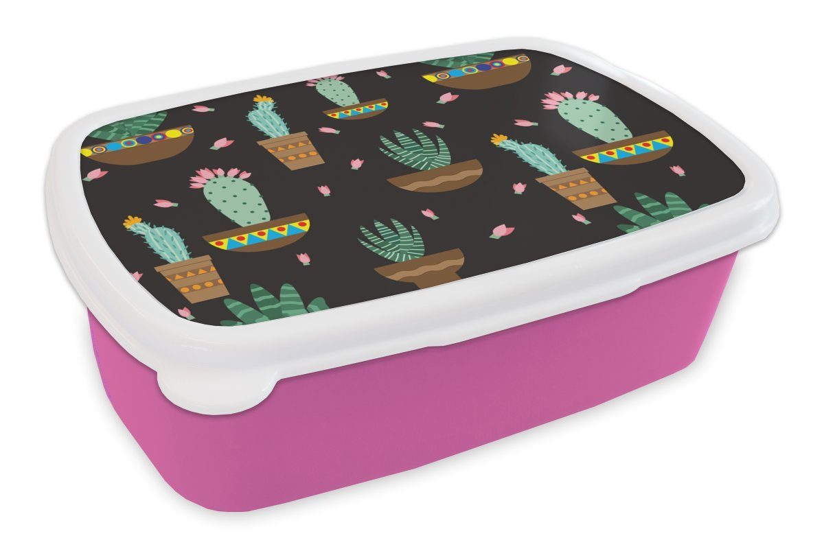 MuchoWow Lunchbox Kaktus - Muster - Pflanzen, Kunststoff, (2-tlg), Brotbox für Erwachsene, Brotdose Kinder, Snackbox, Mädchen, Kunststoff rosa | Lunchboxen