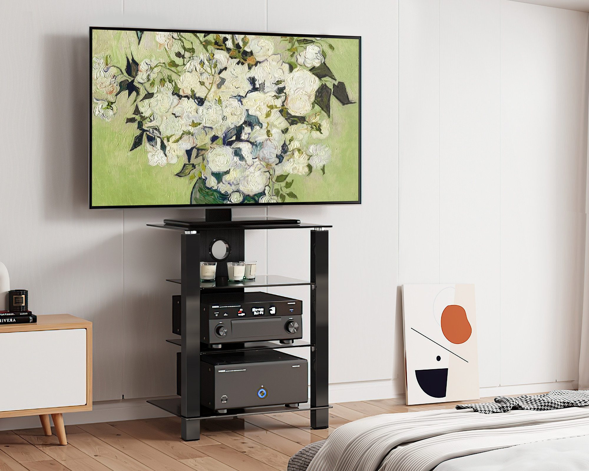 FITUEYES TV-Ständer HIFI-Rack aus Glas mit höhenverstellbaren Ablagen, (mit rutschfesten Füßen, Kabelmanagement) – Bild 4 von 5