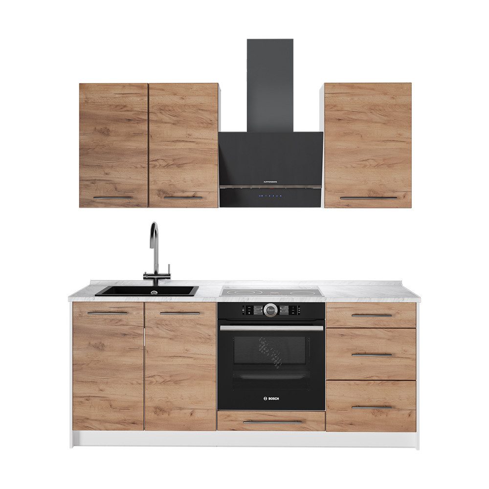 Vicco Küchenzeile Fame-Line, Goldkraft Eiche/Weiß, 190 cm, AP Marmor
