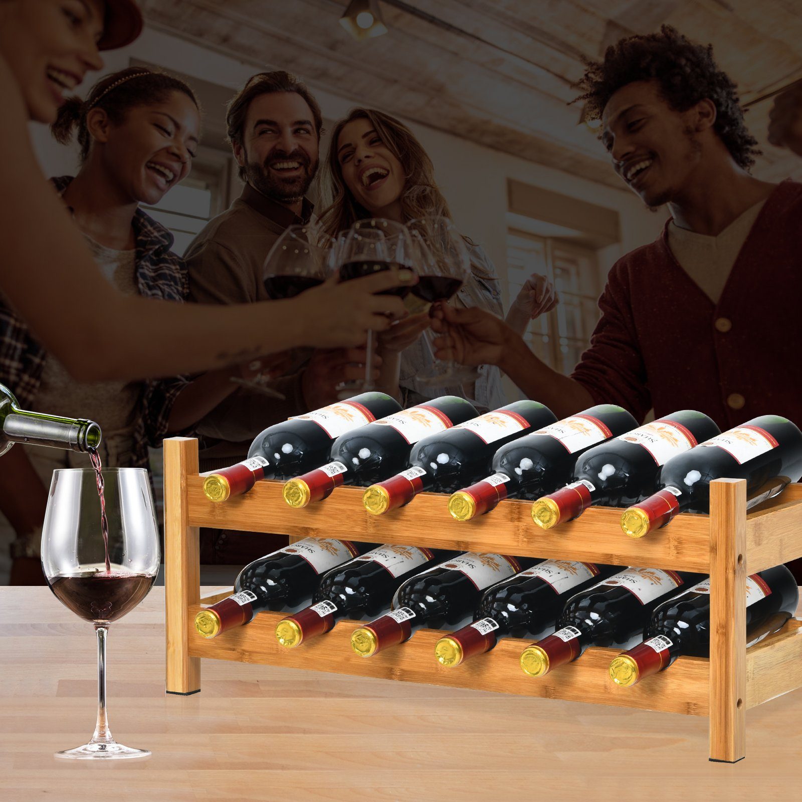 COSTWAY Weinregal, Bambus, 2- stöckig, für 12 Flaschen, 62x24x25cm