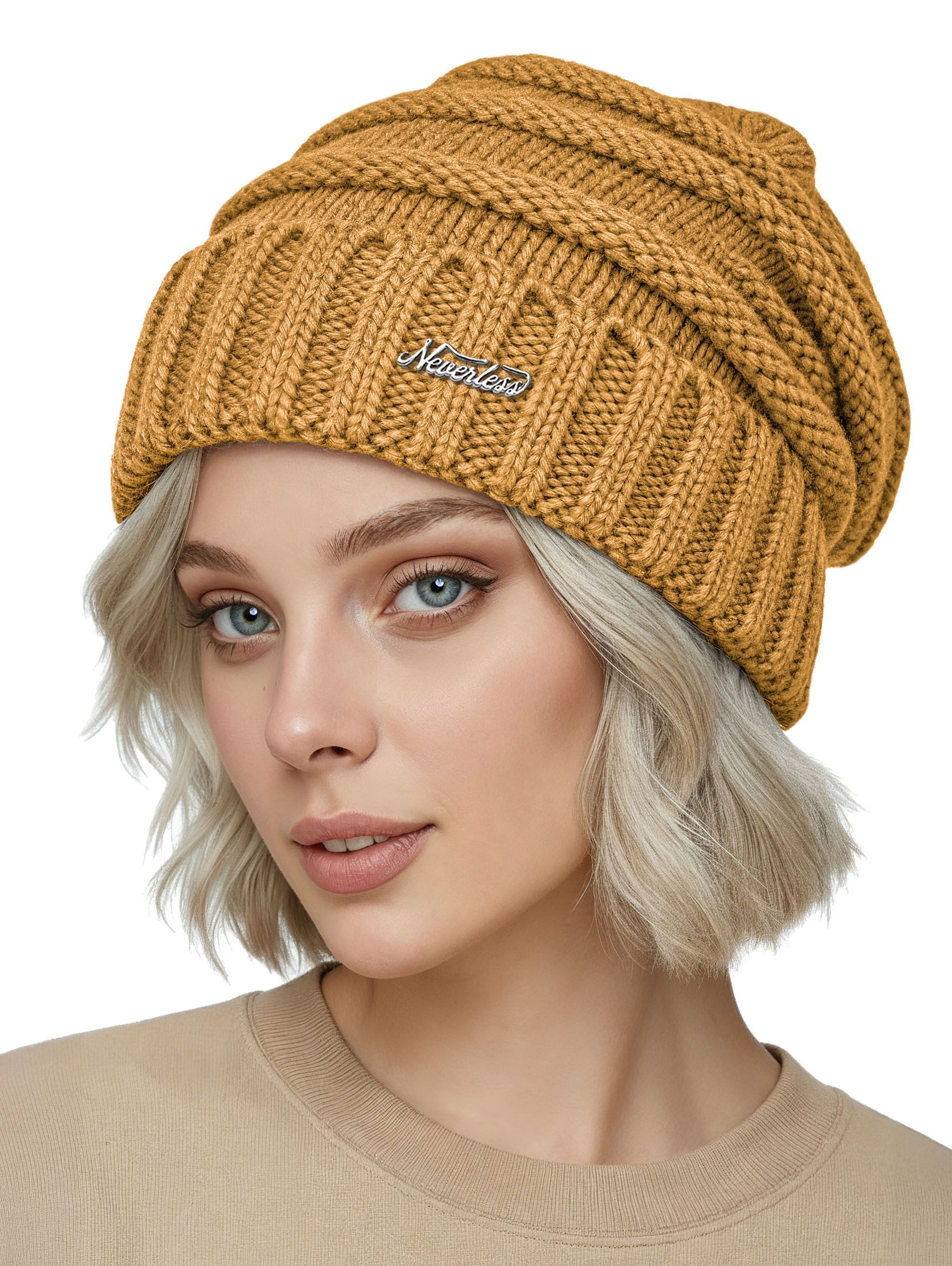 Neverless Strickmütze Damen Strickbeanie Slouchy Strickmütze ohne Bommel Wintermütze