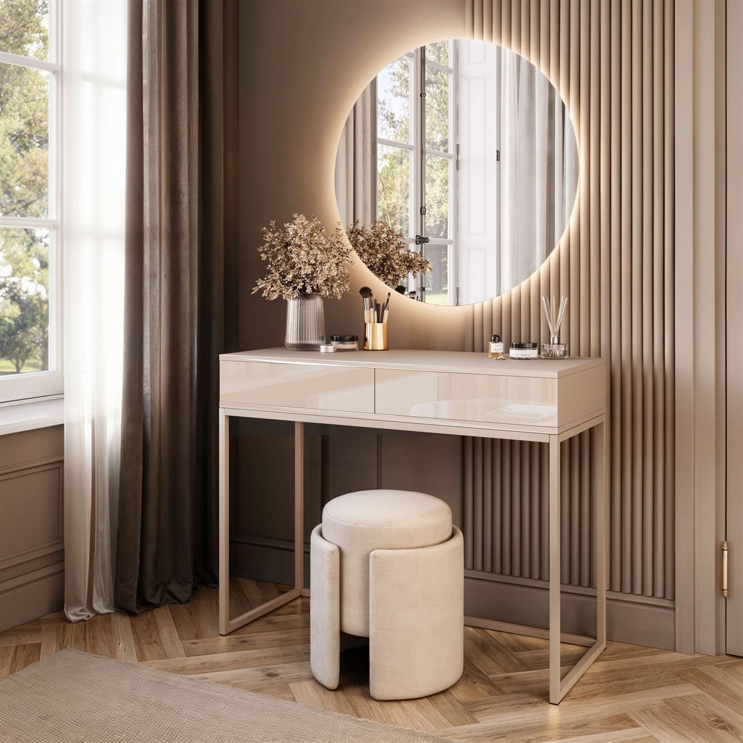 Lookway Schminktisch BLANCO GLAMOUR KASCHMIR mit kaschmirfarbenem Gestell und LED-Spiegel (1x Konsole, 1x Spiegel mit Led Beleuchtung), Breite: 100 cm
