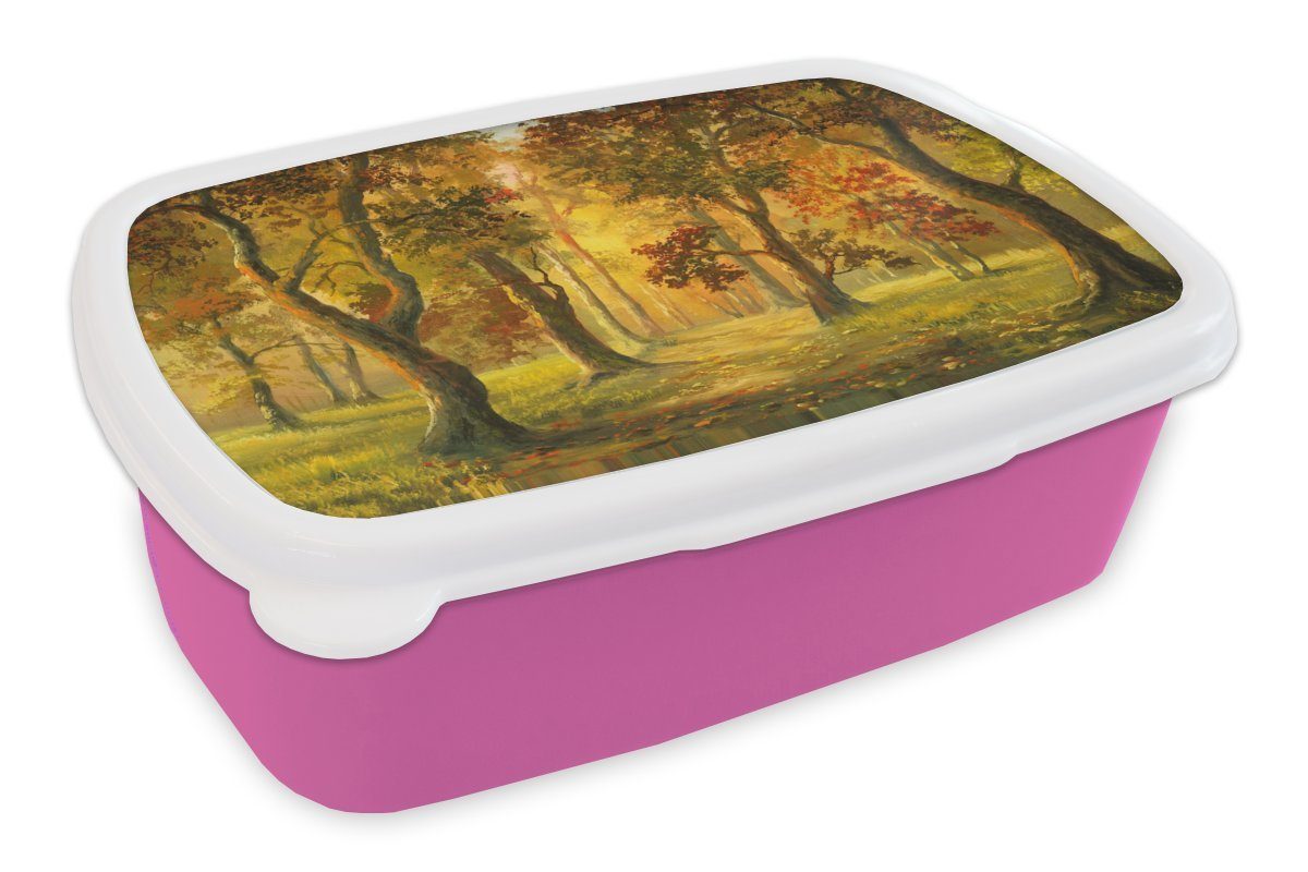 MuchoWow Lunchbox Eine Illustration eines Herbstsonne, Waldes der rosa Kinder, Kunststoff Mädchen, Erwachsene, in Kunststoff, Brotdose für Snackbox, Brotbox (2-tlg)