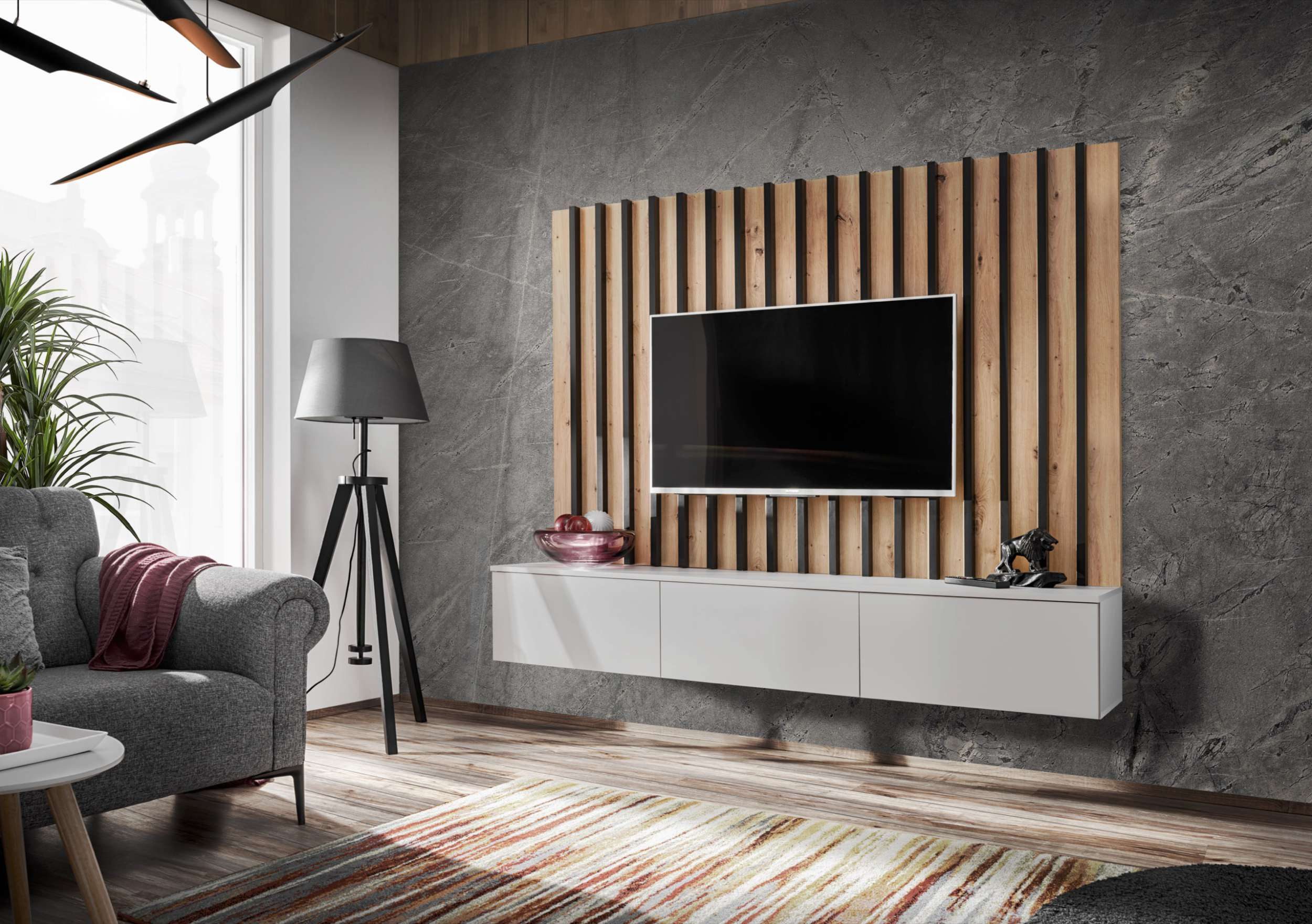99rooms Wohnwand Vitore II, (Wohnzimmer-Set, Wohnmöbel), Wandpaneel mit furnierten Lamellen und TV-Lowboard, mit Push-to-Open