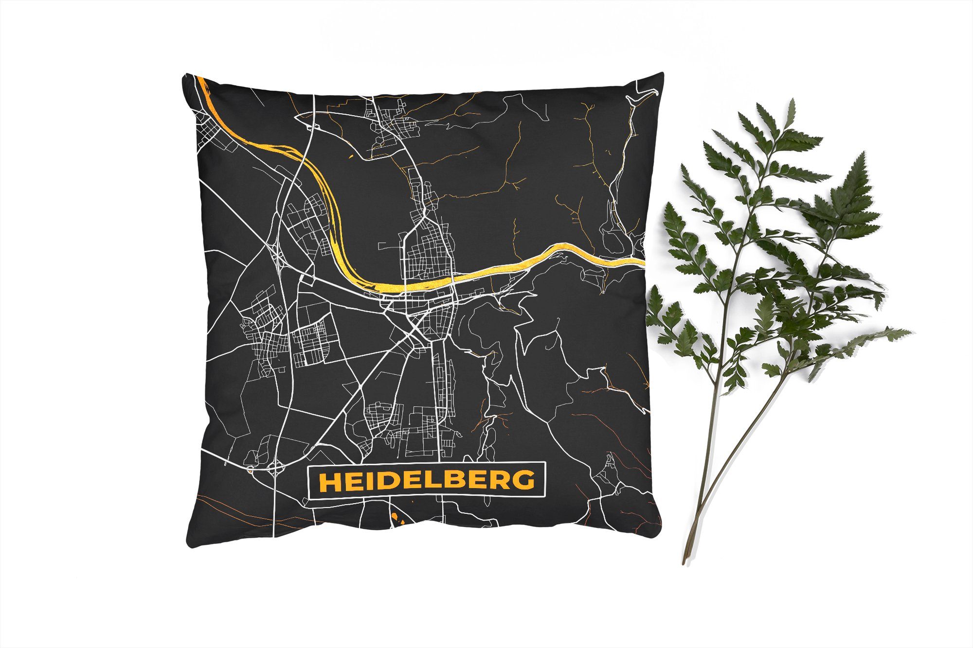 MuchoWow Dekokissen Heidelberg - Deutschland - Gold - Stadtplan - Karte, Zierkissen mit Füllung für Wohzimmer, Schlafzimmer, Deko, Sofakissen
