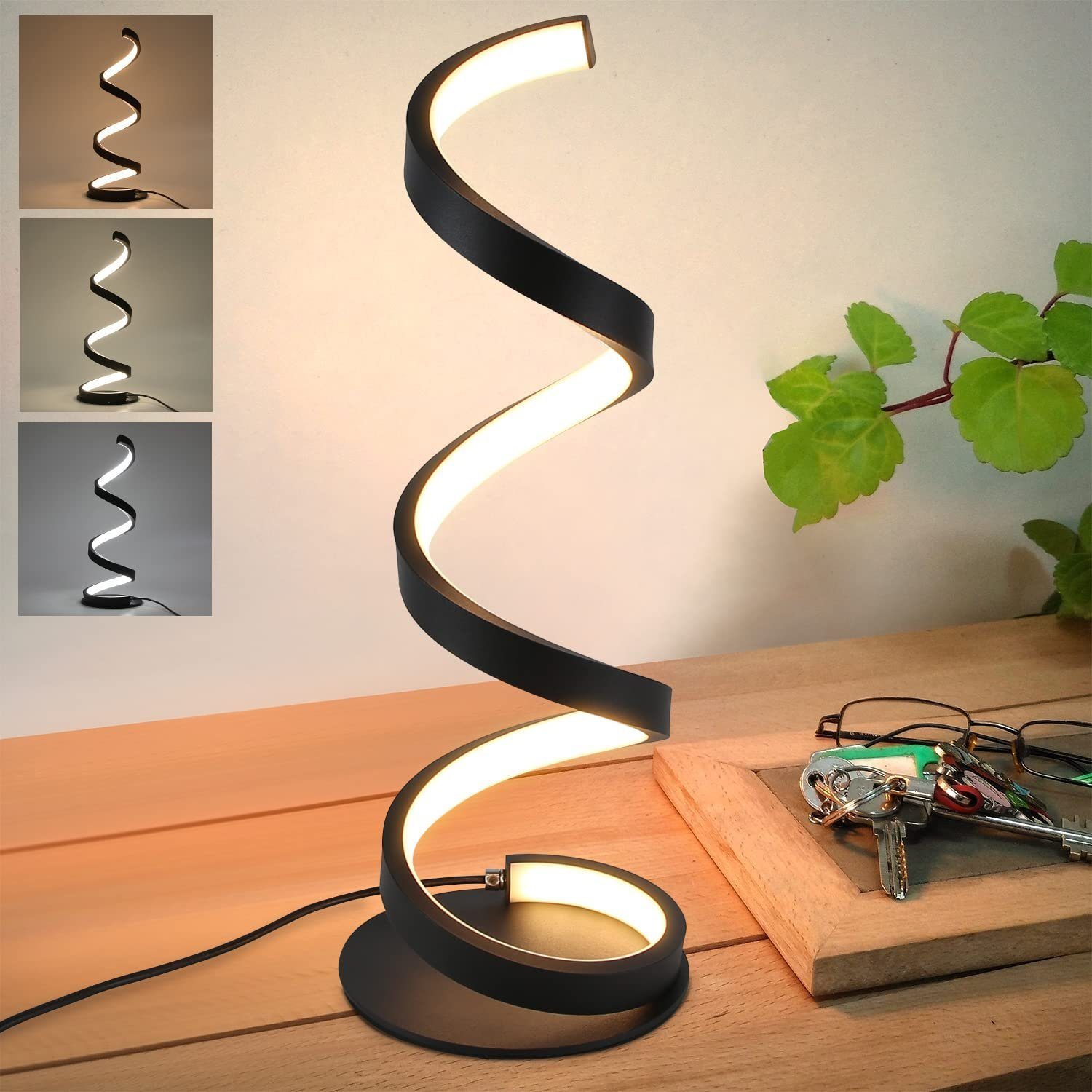 ZMH Tischleuchte Schwarz warmweiß-kaltweiß, Leselampe LED Modern-Spiral-Design für integriert, 10W fest LED Schlafzimmer,