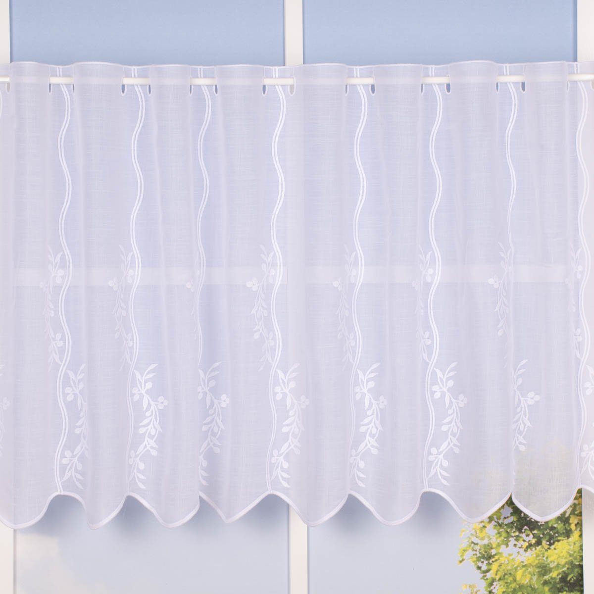 SCHÖNER LEBEN. Meterware Scheibengardine Meterware Leinenstruktur Voile Stickerei Blumenranke n, leicht perforiert, Polyester