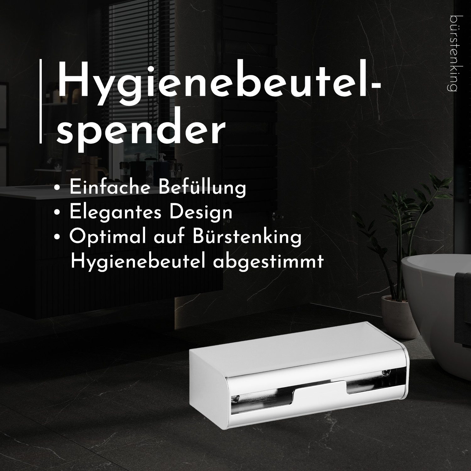 Bürstenking Hygienebeutelspender für Müllbeutel Rollen 16×7×4,7 cm – Wandmontage, verchromt, Alu, (1-tlg), Seitlich abnehmbare Kappen, Aluminium verchromt, Kunststoffkappen