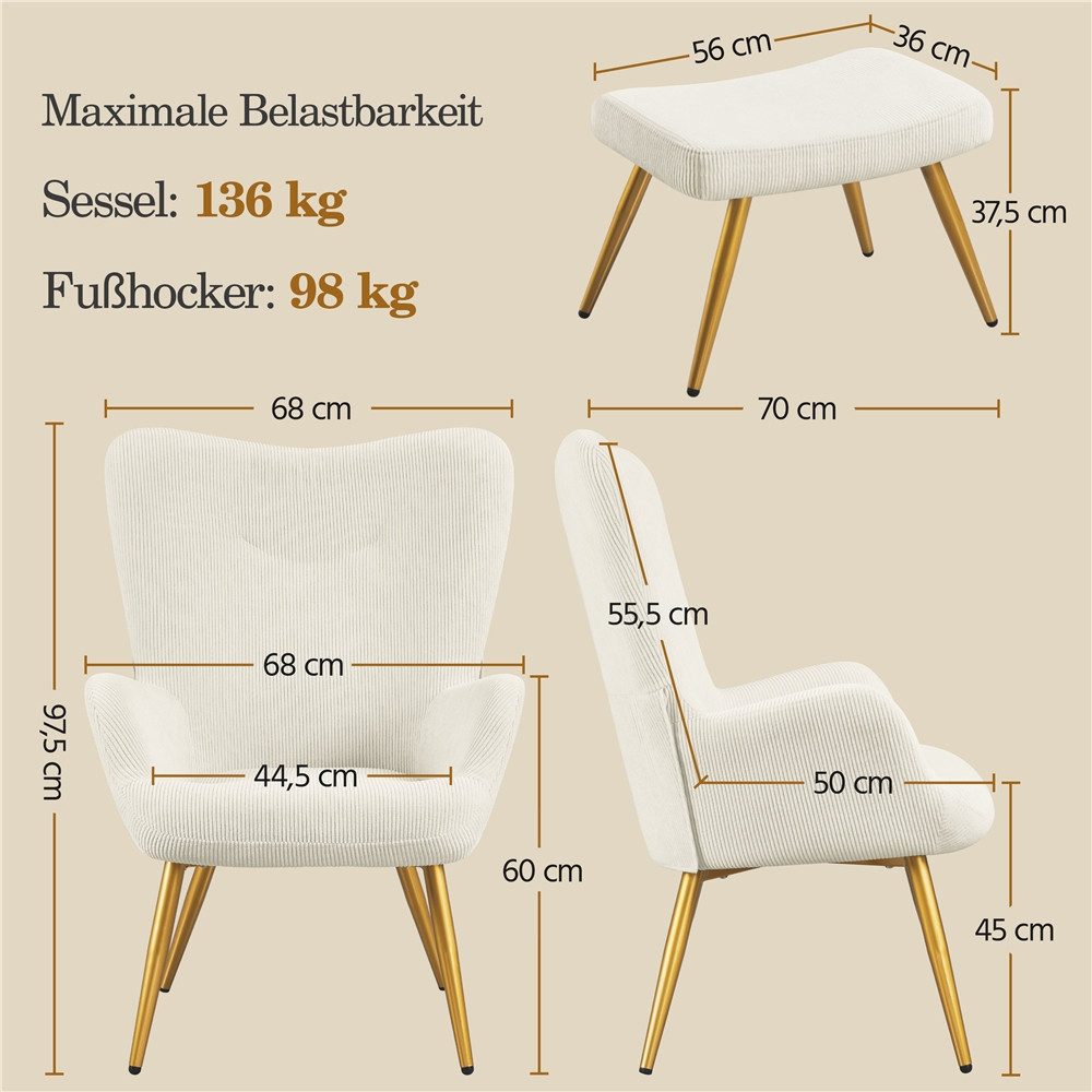 Yaheetech Relaxsessel Ohrensessel mit Hocker, Loungesessel mit Klappbarer Rückenlehne