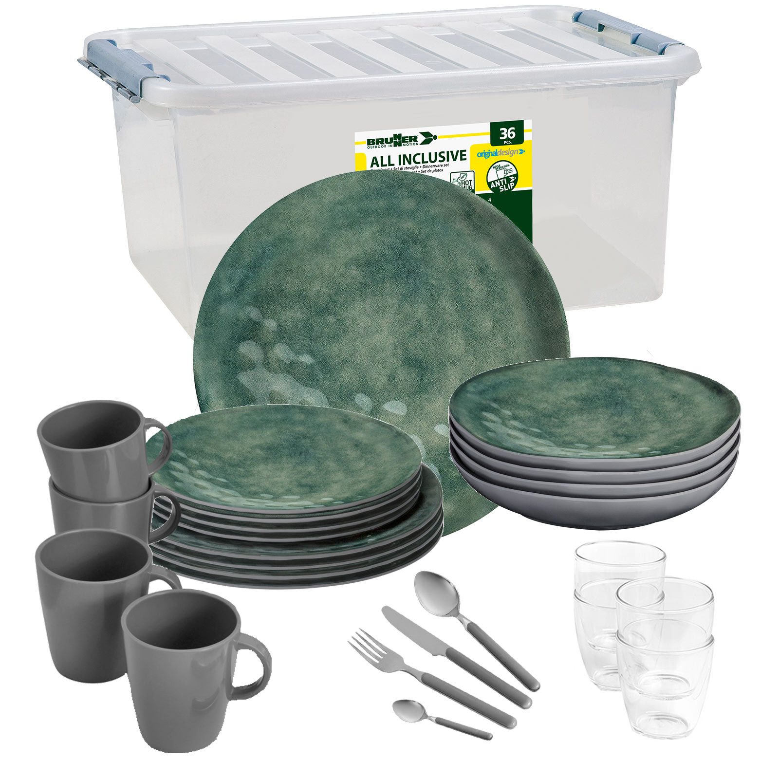 BRUNNER Geschirr-Set BRUNNER Camping Geschirrset VENETIAN (8, 12, 16, 36-Teile) SEA GREEN (36-tlg)
