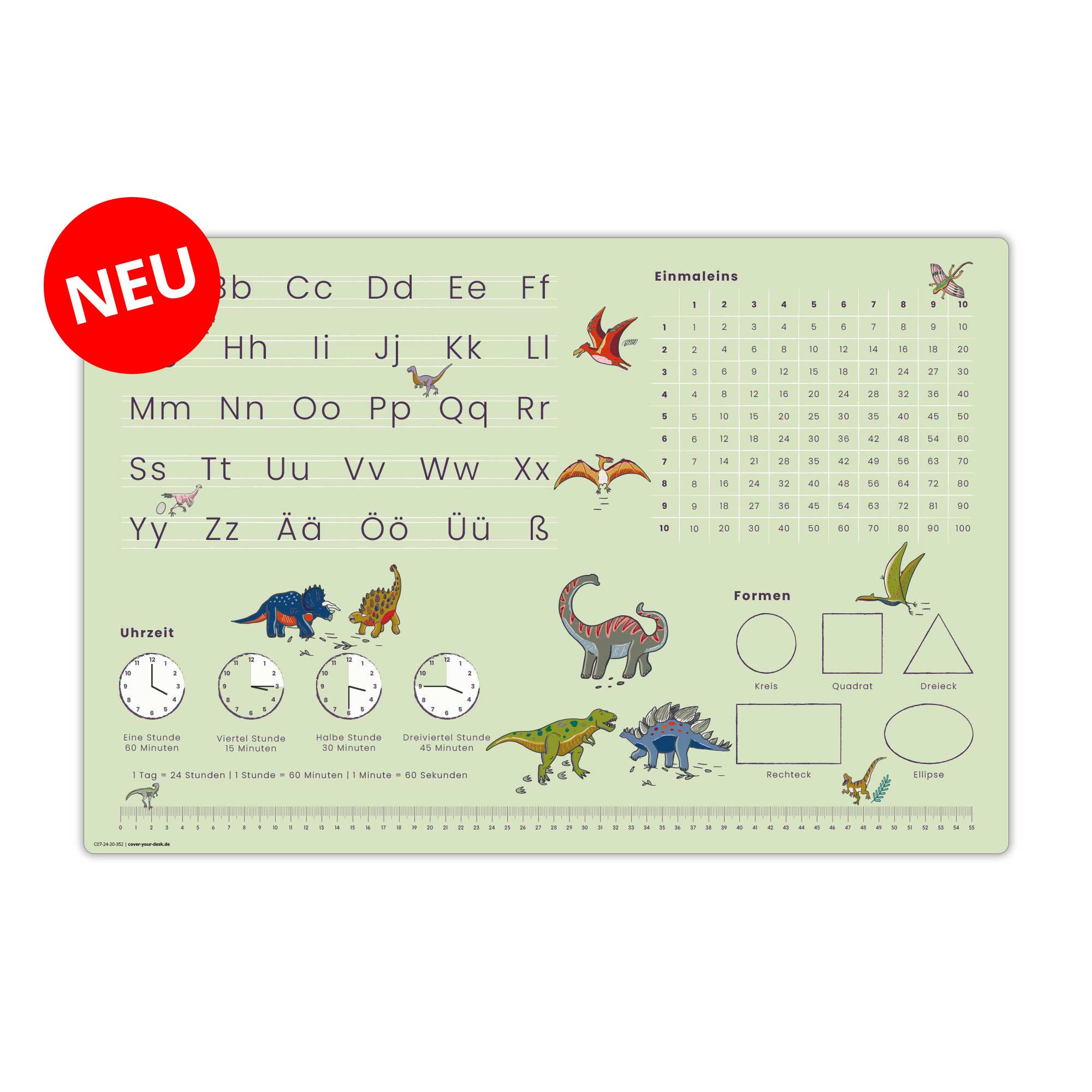 cover-your-desk.de Schreibtischunterlage Lernunterlage Dino, abc & 1x1 für Kinder Schulanfang, Made in Germany, (1 tlg)