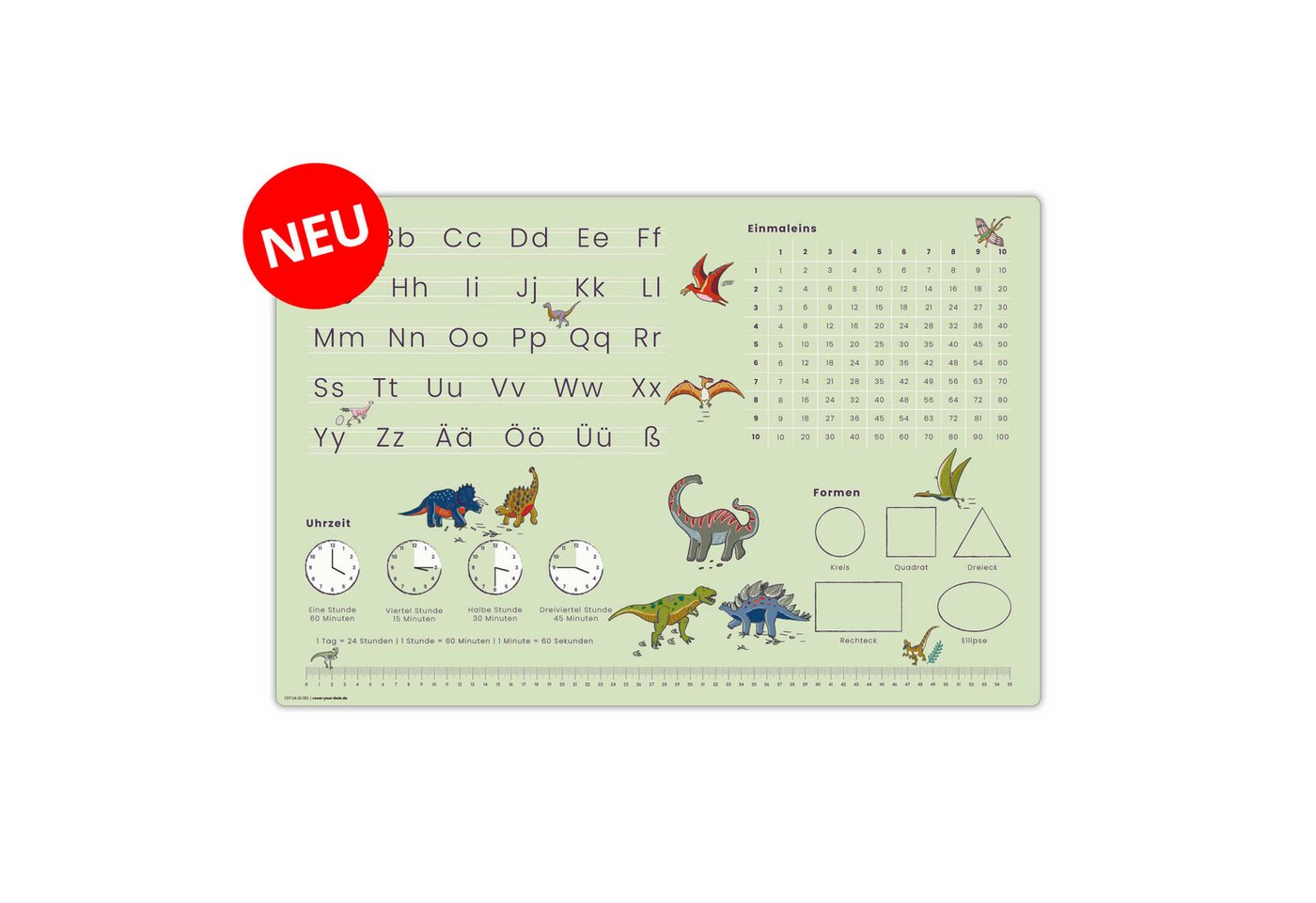 cover-your-desk.de Schreibtischunterlage Lernunterlage Dino, abc & 1x1 für Kinder Schulanfang, Made in Germany, (1 tlg)