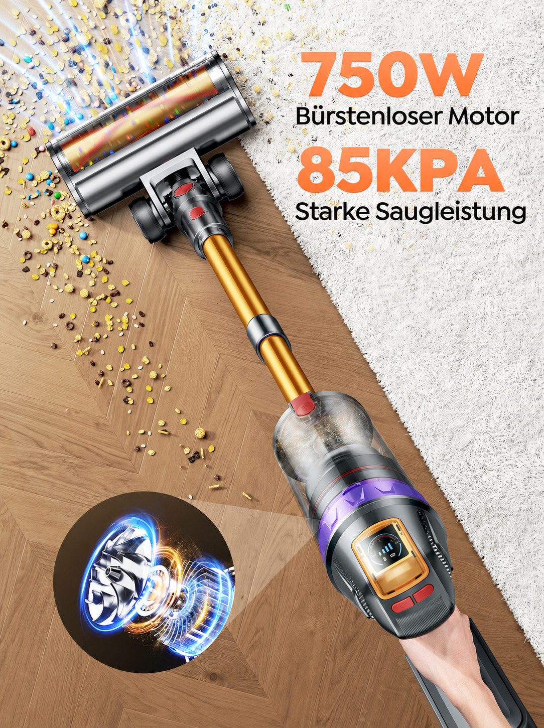 Buture Akku-Hand-und Stielstaubsauger 85000Pa Akkustaubsauger, 750 W Akku Staubsauger, Akkusauger Kabelloser, 85 kPa, 60 Minuten Laufzeit, Abnehmbarer Akku