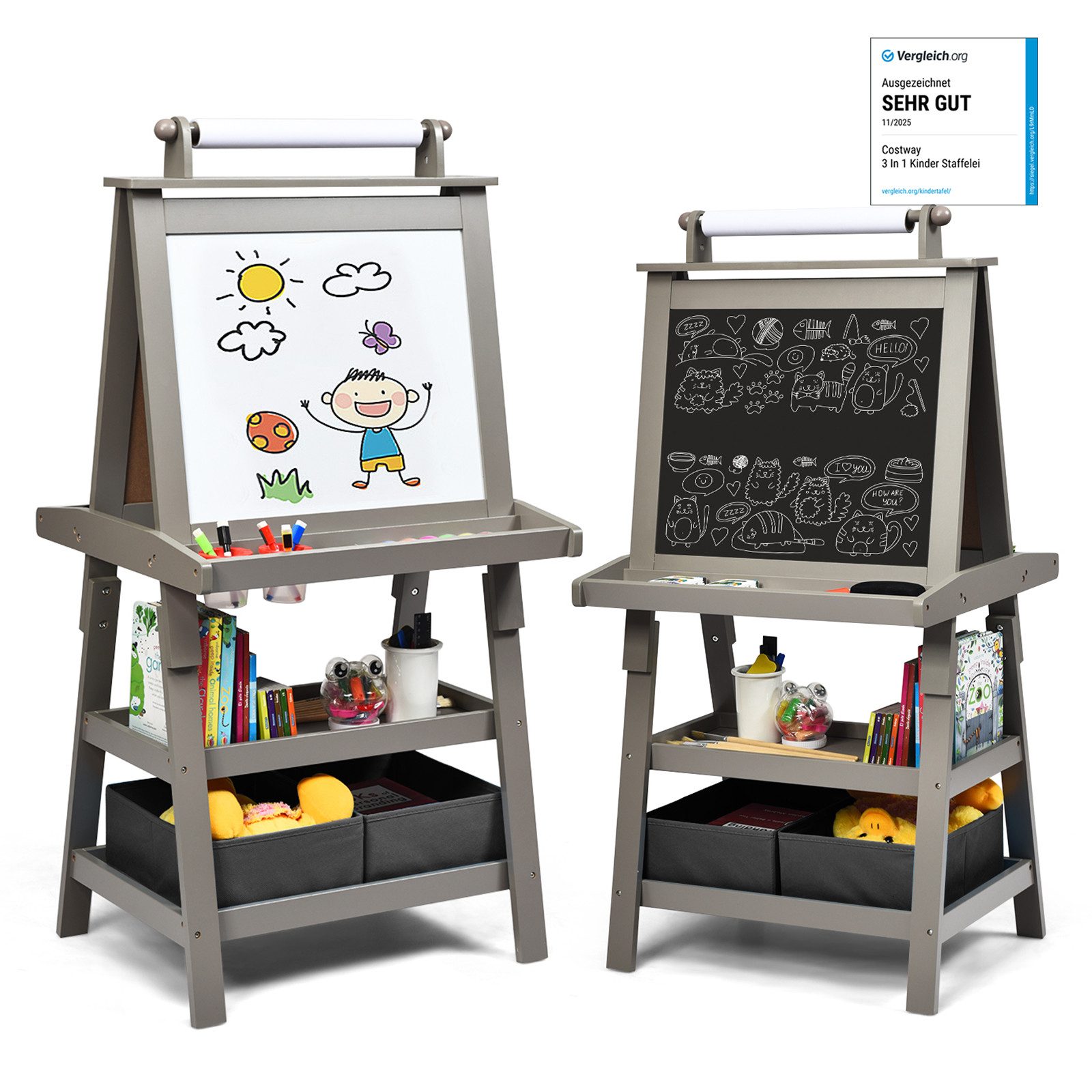COSTWAY Standtafel Kinder Staffelei, doppelseitig, mit Magneten & 2 Boxen