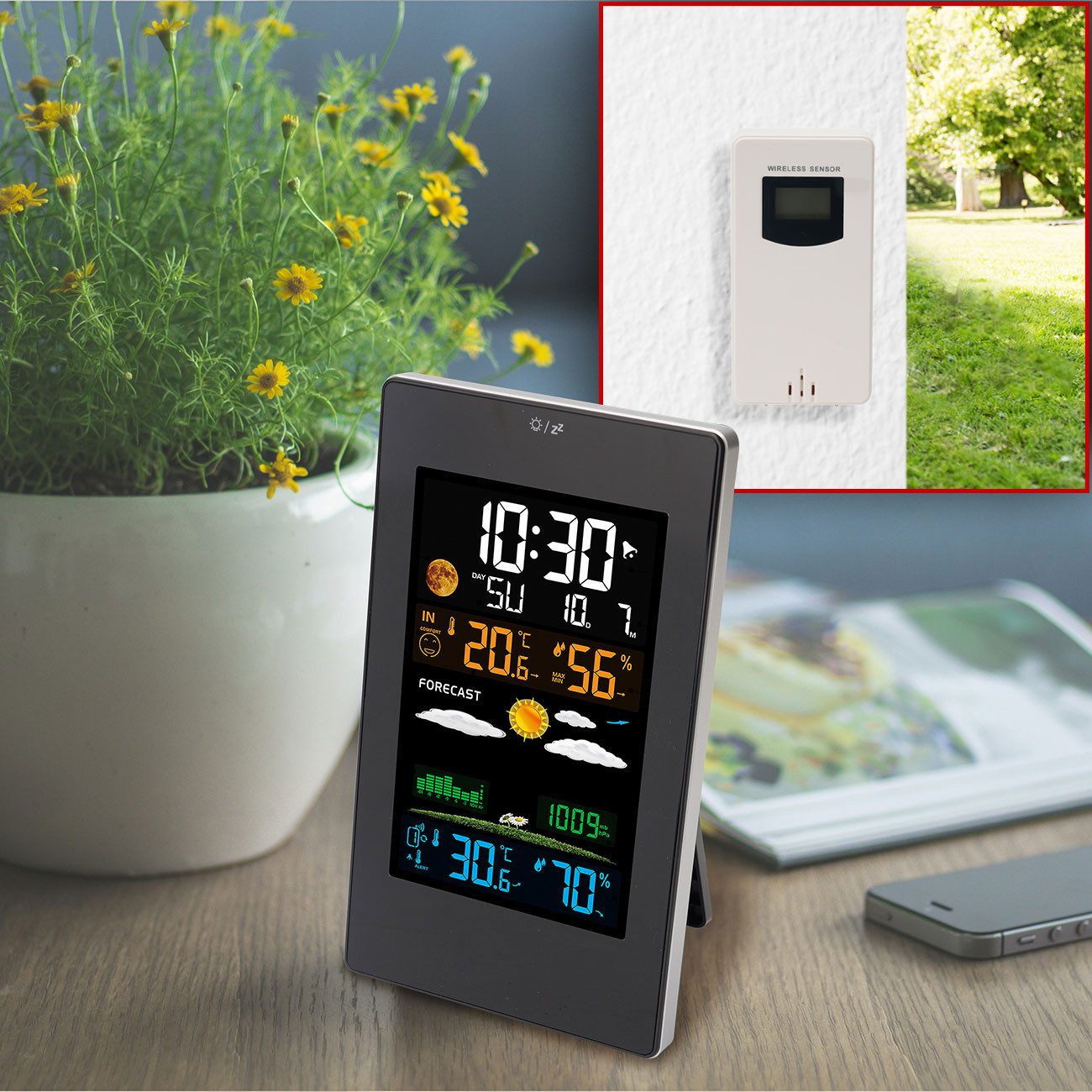 Casativo Funk-Wetterstation mit LCD-Farbdisplay & Aussensensor, USB-Port Wetterstation (misst Temperatur, Luftdruck und Luftfeuchtigkeit)