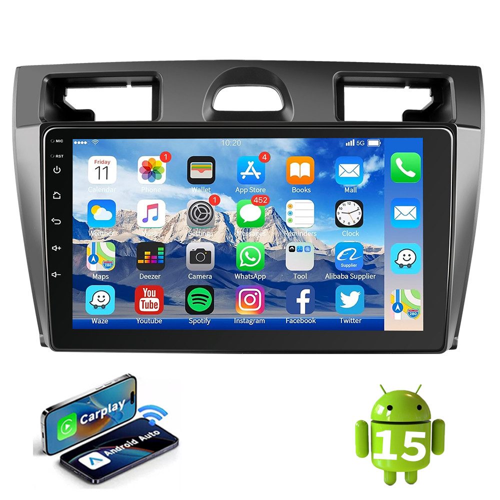 ESSGOO 64G DAB+ Für Ford Fiesta MK5 VI 2002-2008 Android 15 GPS Navi Carplay Autoradio (4+64GB(optional), DAB+ (optional), Touchscreen Mirror Link SWC,FM,RDS,AM,WMA,USB)
