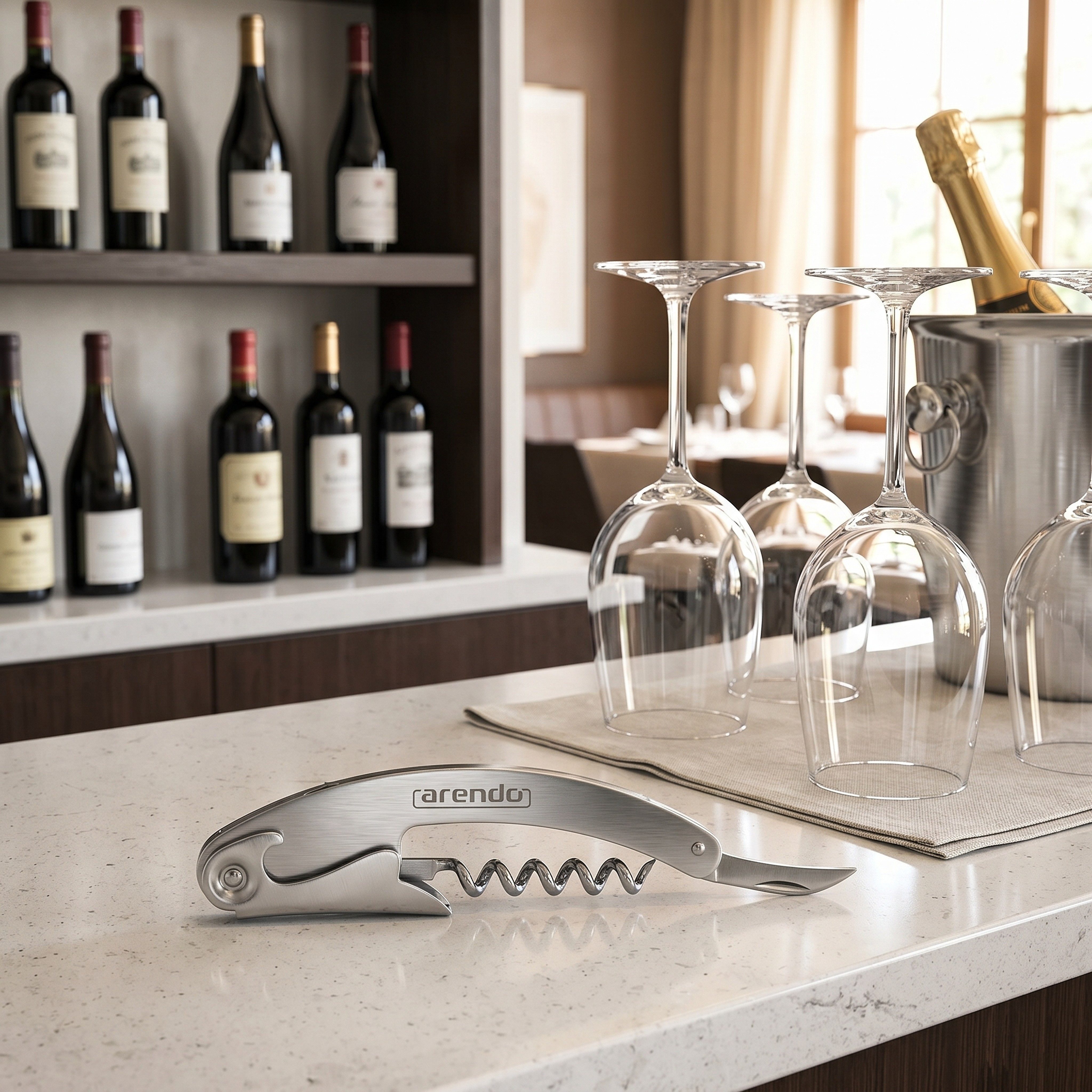 Arendo Korkenzieher Edelstahl Weinöffner, Flaschenöffner, Folienschneider Tasschenmesser, (für Wein, Picknick und Gastronomie), elegantes Kellnerbesteck mit ergonomischem Griff, Robust & kompakt