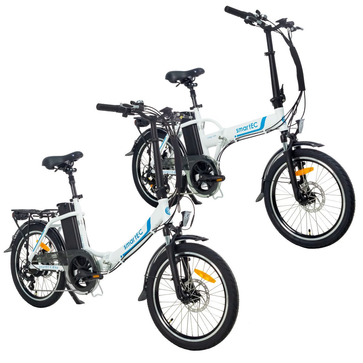 smartEC E-Bike Klapprad E-Klapprad Camp-20D & Camp-20H E-Bike 20 Zoll Weiß, 7 Gang Shimano Tourney Schaltwerk, Kettenschaltung, Hinterrad-Nabenmotor, 562.00 Wh, (2er Set, 12 tlg., Akku mit Ladegerät), Damen/Herren Unterstützung 25 km/h Anfahrhilfe Scheibenbremse StVZO