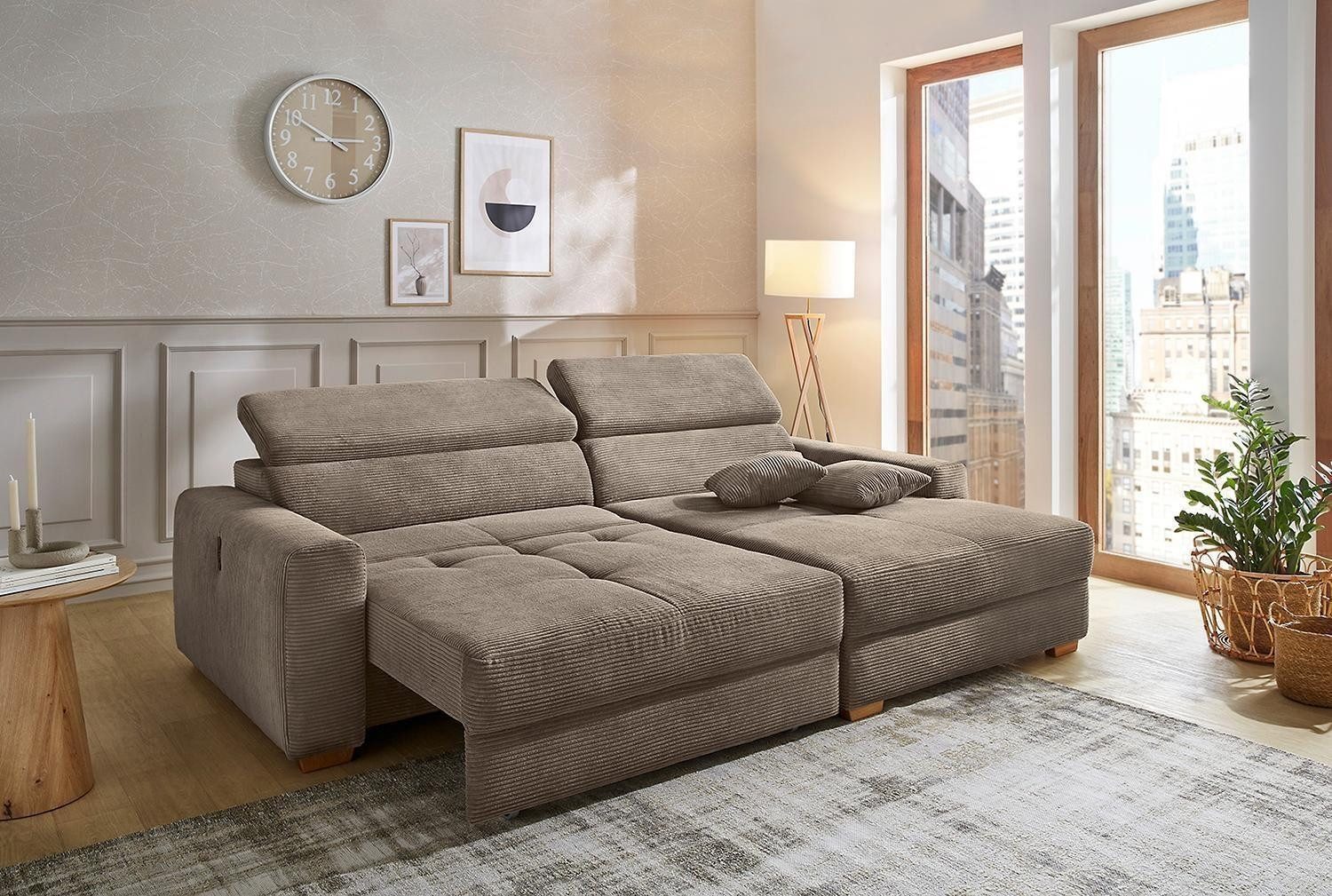 Jockenhöfer Gruppe Ecksofa SLIDER, Taupe, Cordbezug, Kopfteilverstellung, elektrische Sitztiefenverstellung, USB-Anschluss, B 277 x T 187 cm