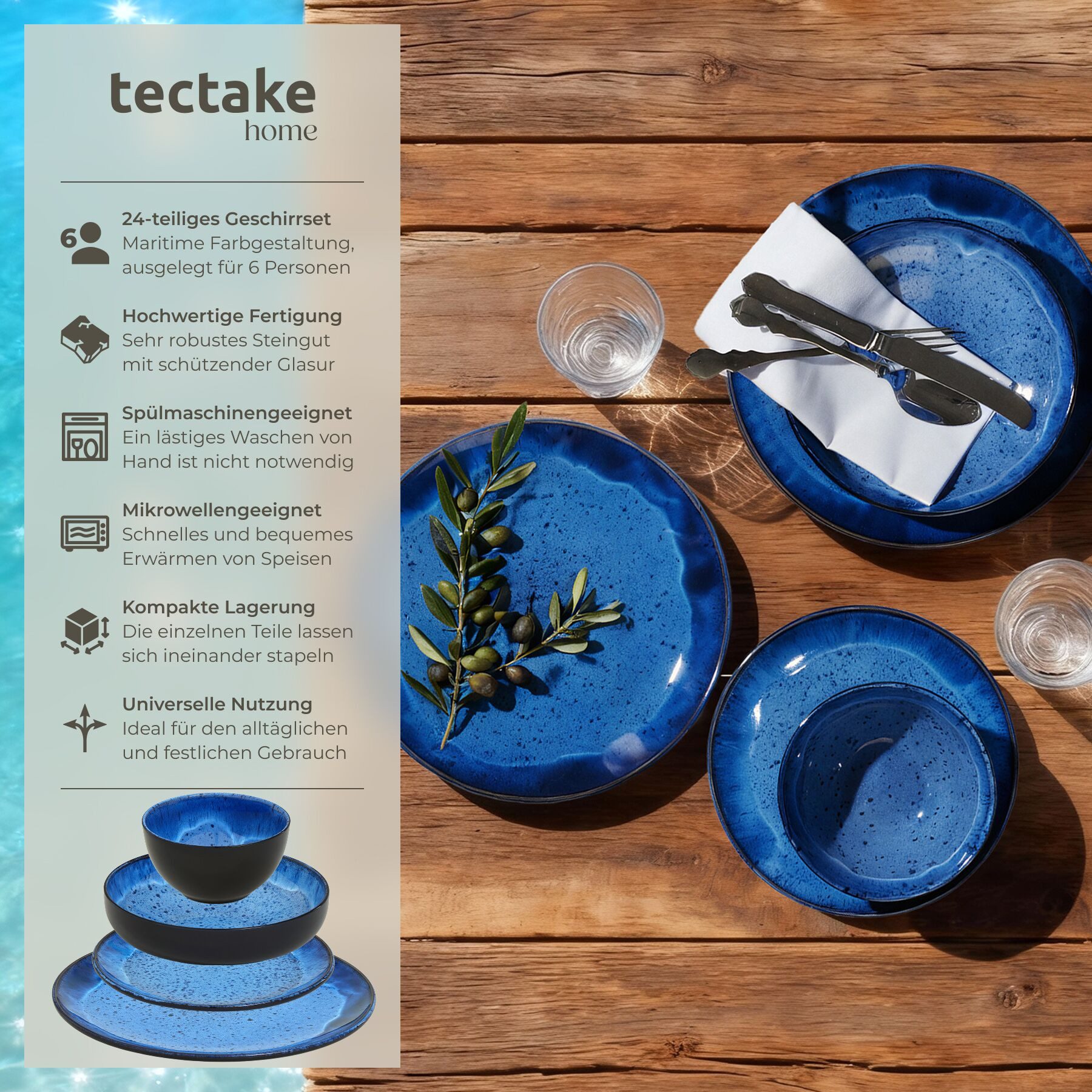tectake Geschirr-Set Tafelservice aus Steingut für 6 Personen, ineinander stapelbar (24-tlg), 6 Personen, Steingut, handgefertigt, mit Glasur, spülmaschinen- un – Bild 2 von 5