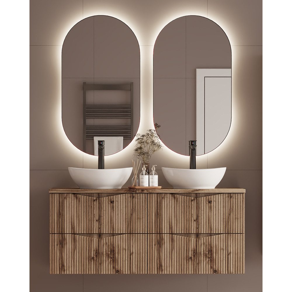 Lomadox Badmöbel-Set CALURI-140, (Spar-Set, 3-St., LED-Spiegel Doppelwaschtisch), in Eiche mit gerillter Front, grifflos, wandhängend