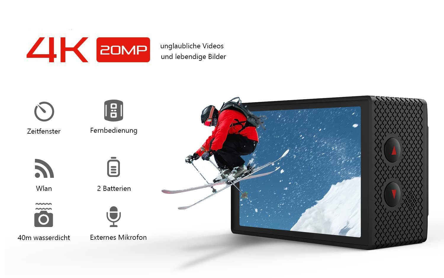 Topcony COOAU 4K Action Cam 20MP 40M Unterwasserkamera WiFi 170 ° Weitwinkel Action Cam (HD 4K, EIS Bildstabilisator Helmkamera 170° Weitwinkel Camcorder, 2.4G Fernbedienung, 2 Akkus und 16 Zubehör Kit Externem Mikrofon)