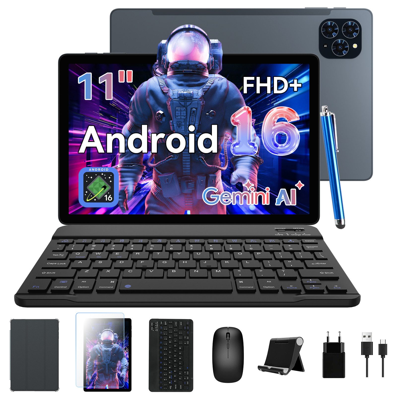 Zenva Android 16 11'' Tablet 128GB mit Zubehör Tablet (11", 128 GB, Android16, Android 16, FHD Display, Gemini AI, mit Tastatur/Hülle/Maus)