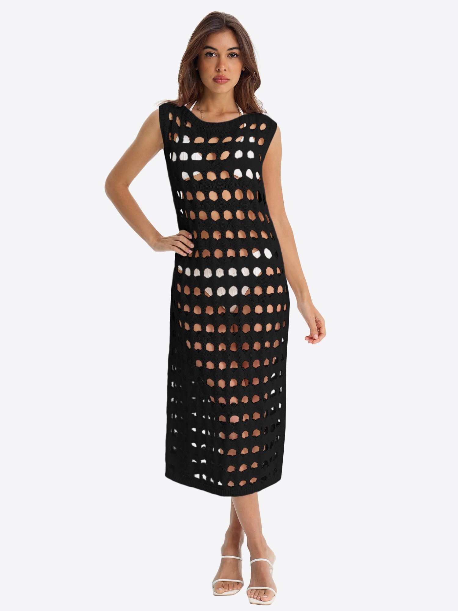 Imily Bela Strandkleid Damen Strand-Cover-up-Kleid mit Lochmuster (Packung, 1-tlg., 1per-Pack) in Unifarbe