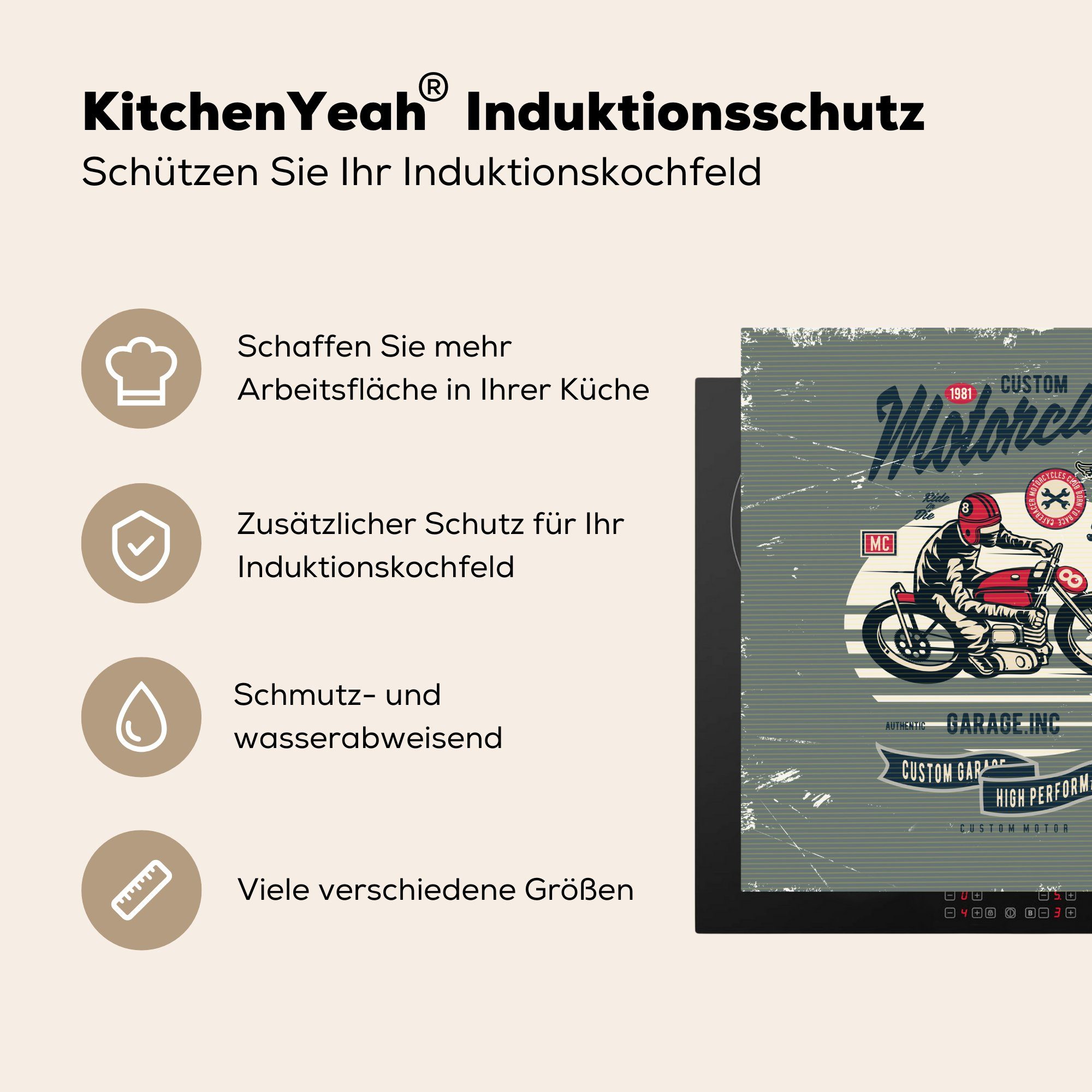 MuchoWow Herdblende-/Abdeckplatte Motorrad Vintage, Arbeitsplatte Vinyl, (1 Helm für Ceranfeldabdeckung, küche 78x78 tlg), cm, - 