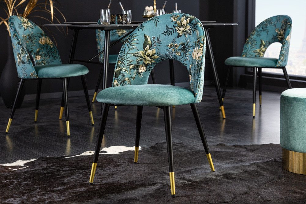 riess-ambiente Esszimmerstuhl PRÊT-À-PORTER türkis – Samt, florales Muster, goldene Fußkappen (Einzelartikel, 1 St), Retro-Stuhl mit Glamour-Effekt – ideal für Esszimmer oder Büro