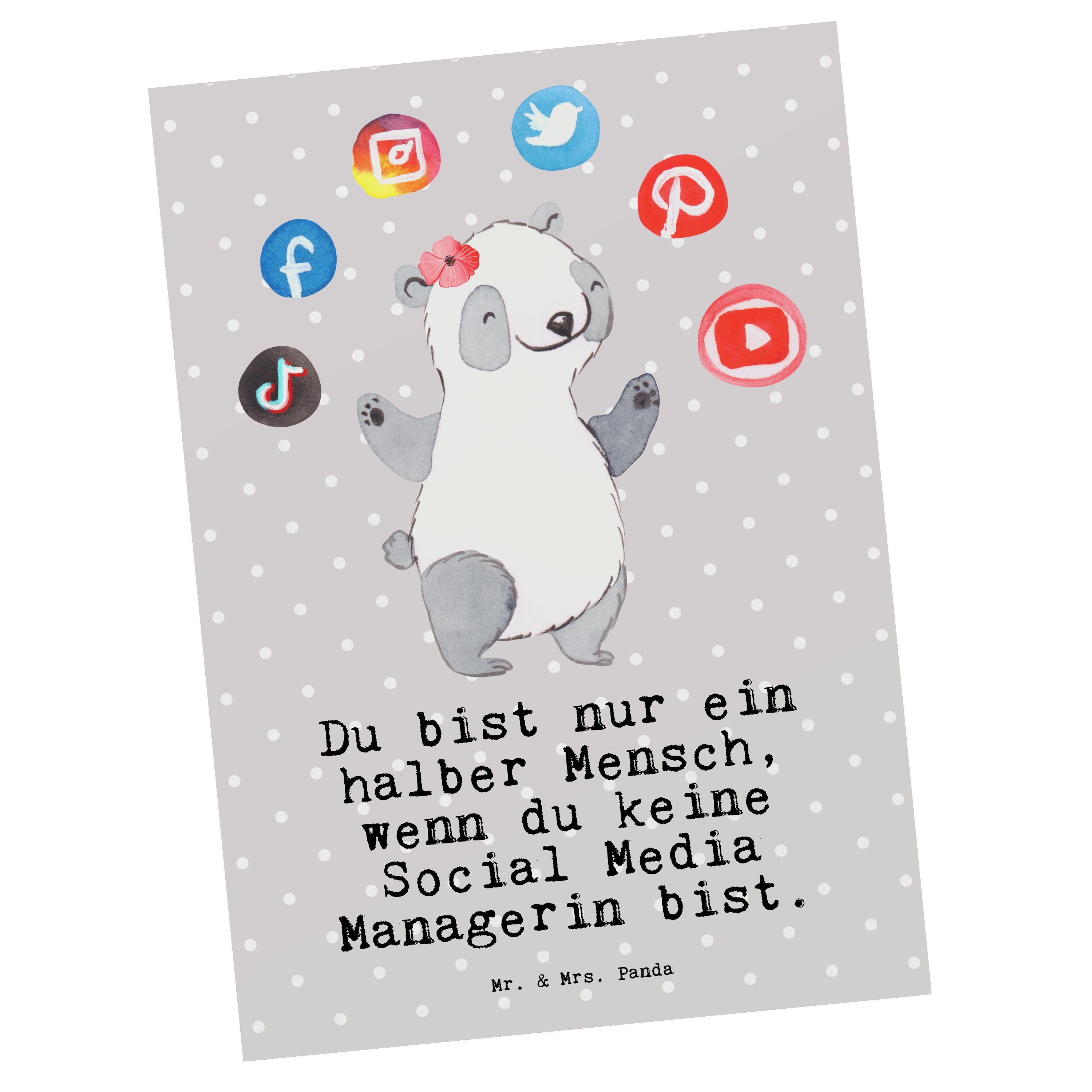 Mr. & Mrs. Panda Postkarte Social Media Managerin mit Herz - Grau Pastell - Geschenk, Geburtstag