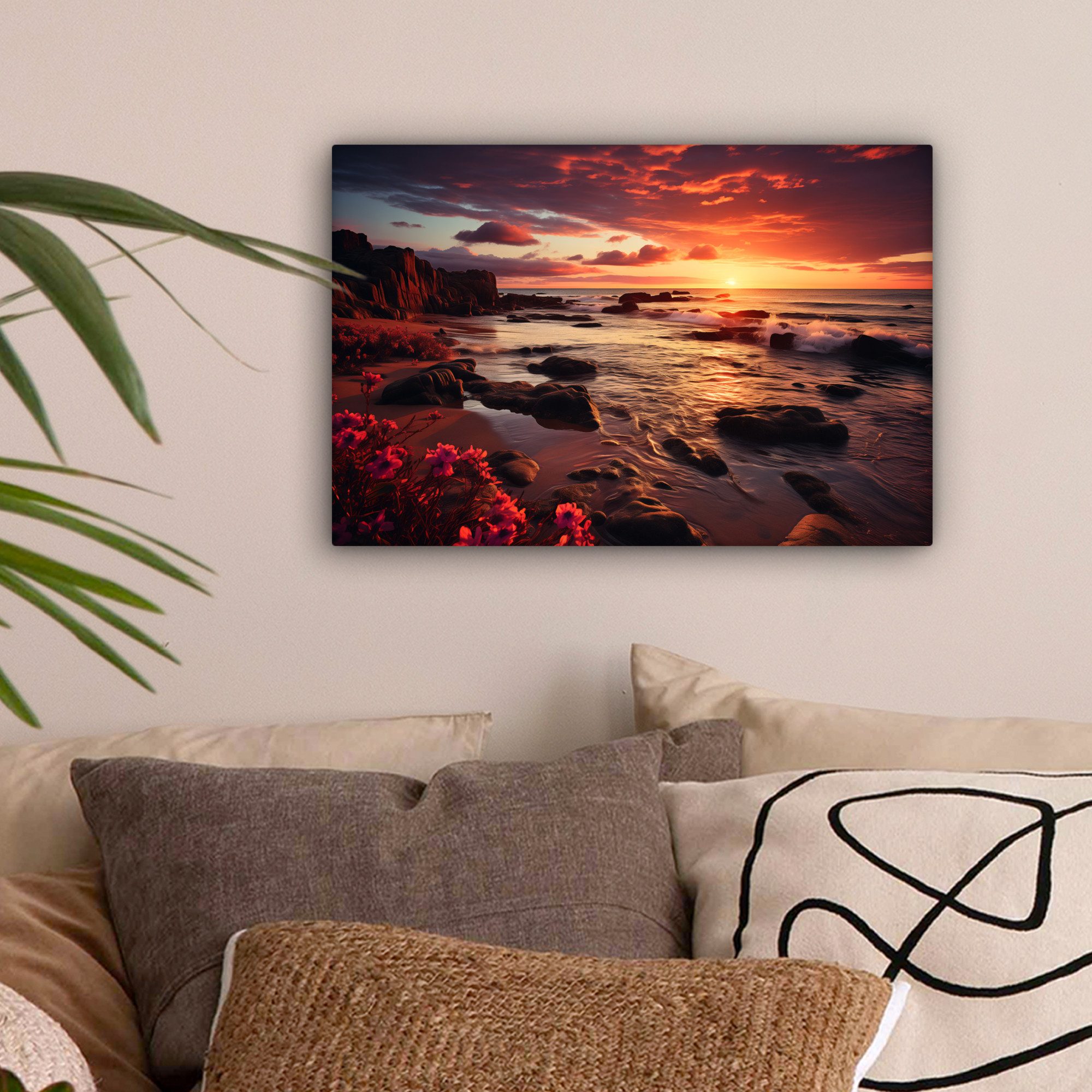 OneMillionCanvasses® Leinwandbild Strand - Sonnenuntergang - Blumen - Felsen - Meer, Fotodruck (1 St), Leinwand Bilder Klein, Wand Dekoration Aesthetic 30x20 cm