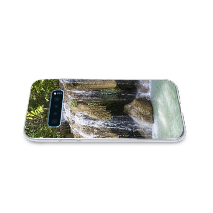 MuchoWow Handyhülle Wasserfall über Felsen im Erawan-Nationalpark in Thailand Phone Case Handyhülle Samsung Galaxy S10+ Silikon Schutzhülle FN11459
