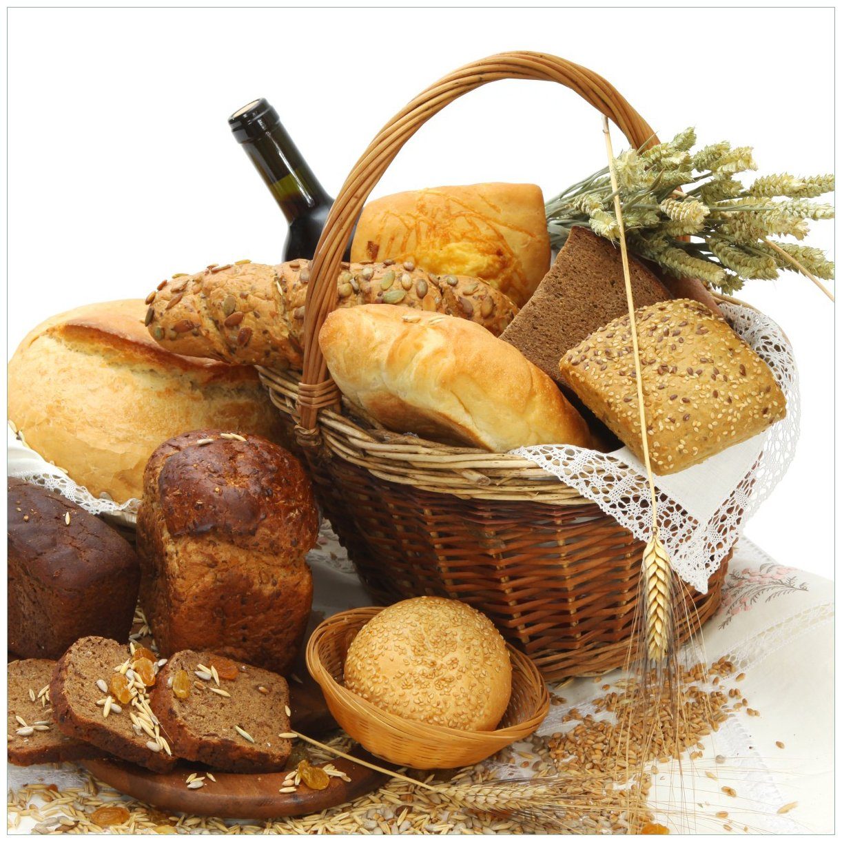 Wallario Tischplatte Brot und Brötchen im eleganten Korb - mit Wein und Getreide (1 St), für Ikea Lack Tisch geeignet