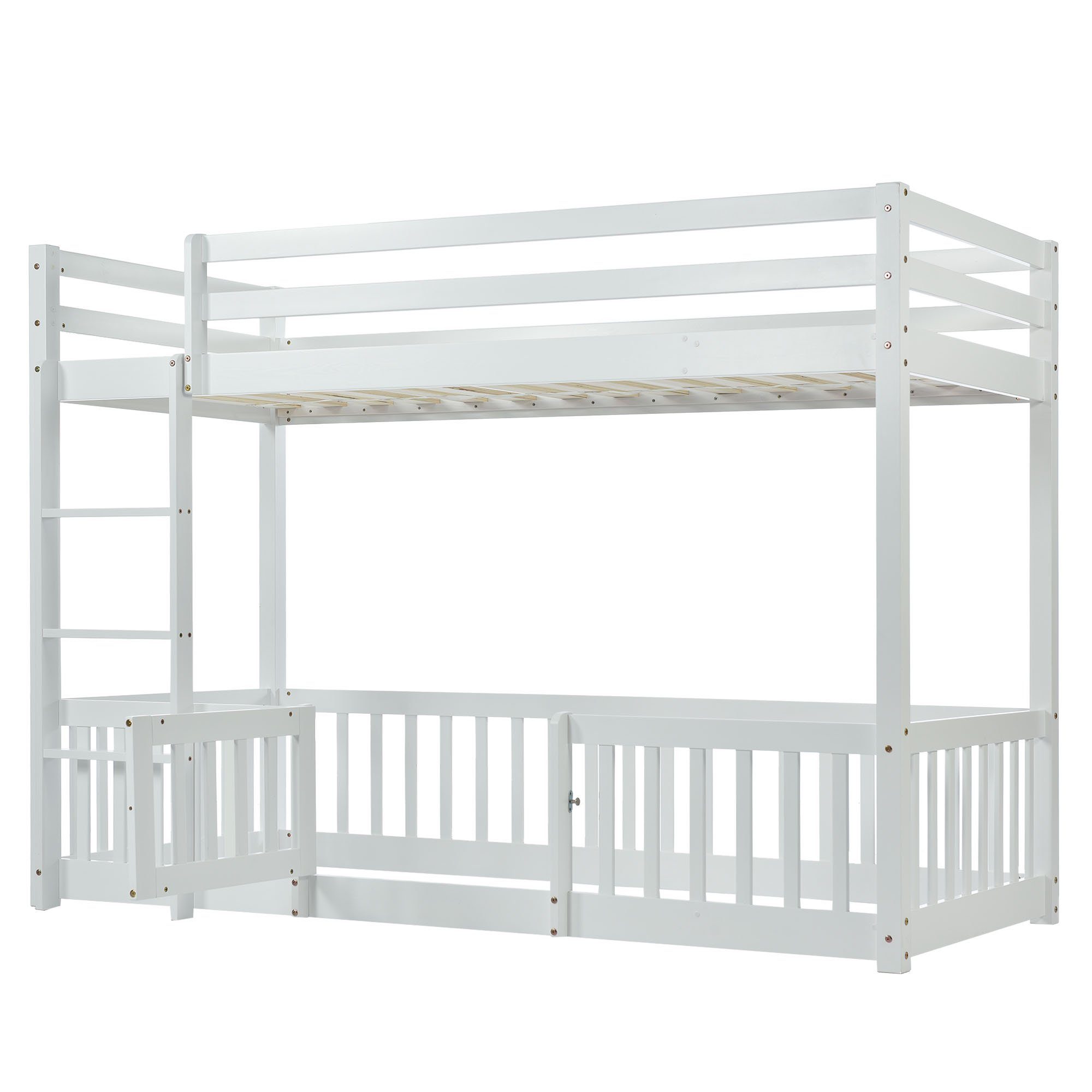 Kinderbett Ulife mit und Zäune Massivholzbett Weiß Etagenbett Treppe,90x200cm rechtwinkliger Türchen,