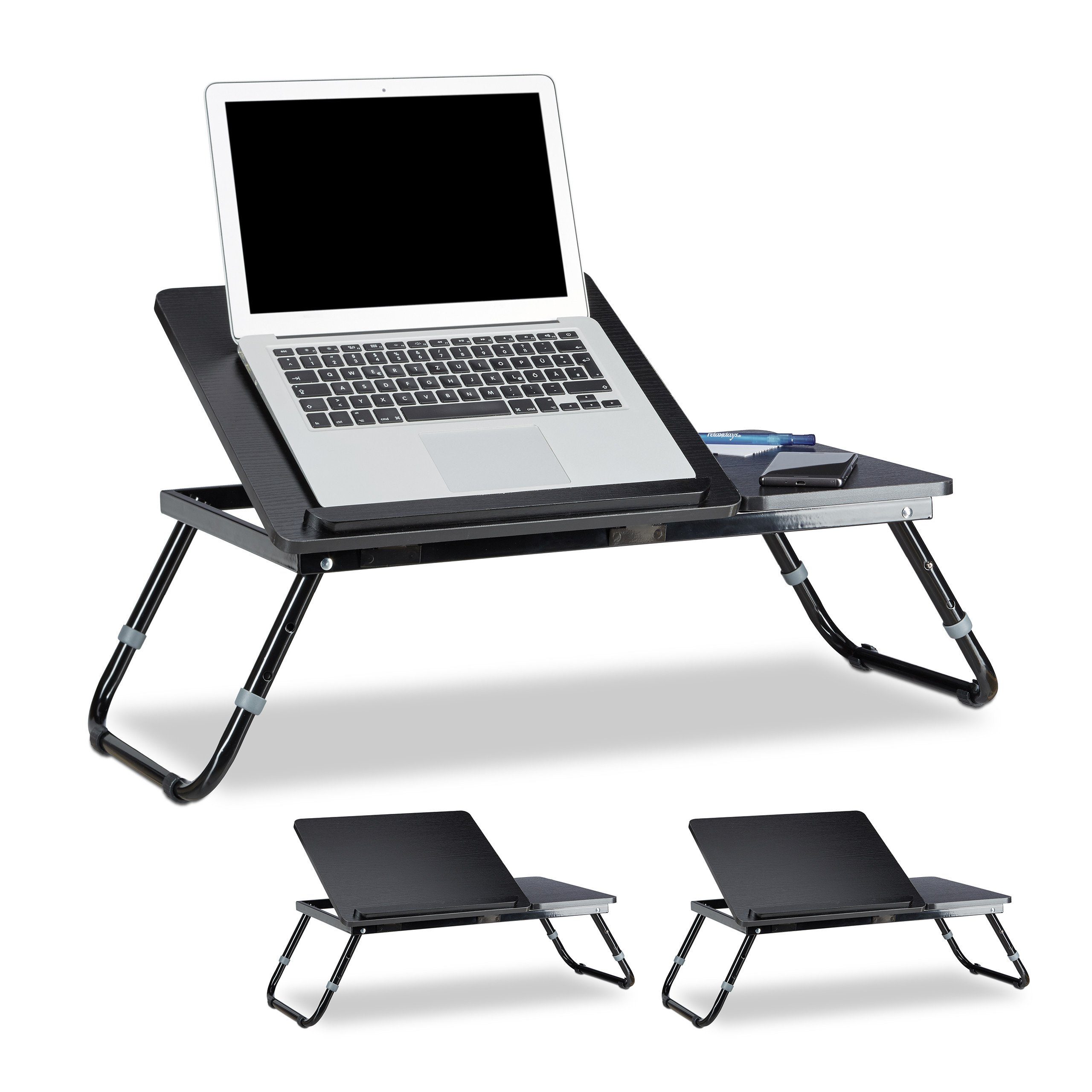 relaxdays Laptop Tablett 3 x Laptoptisch fürs Bett schwarz, Faserplatte