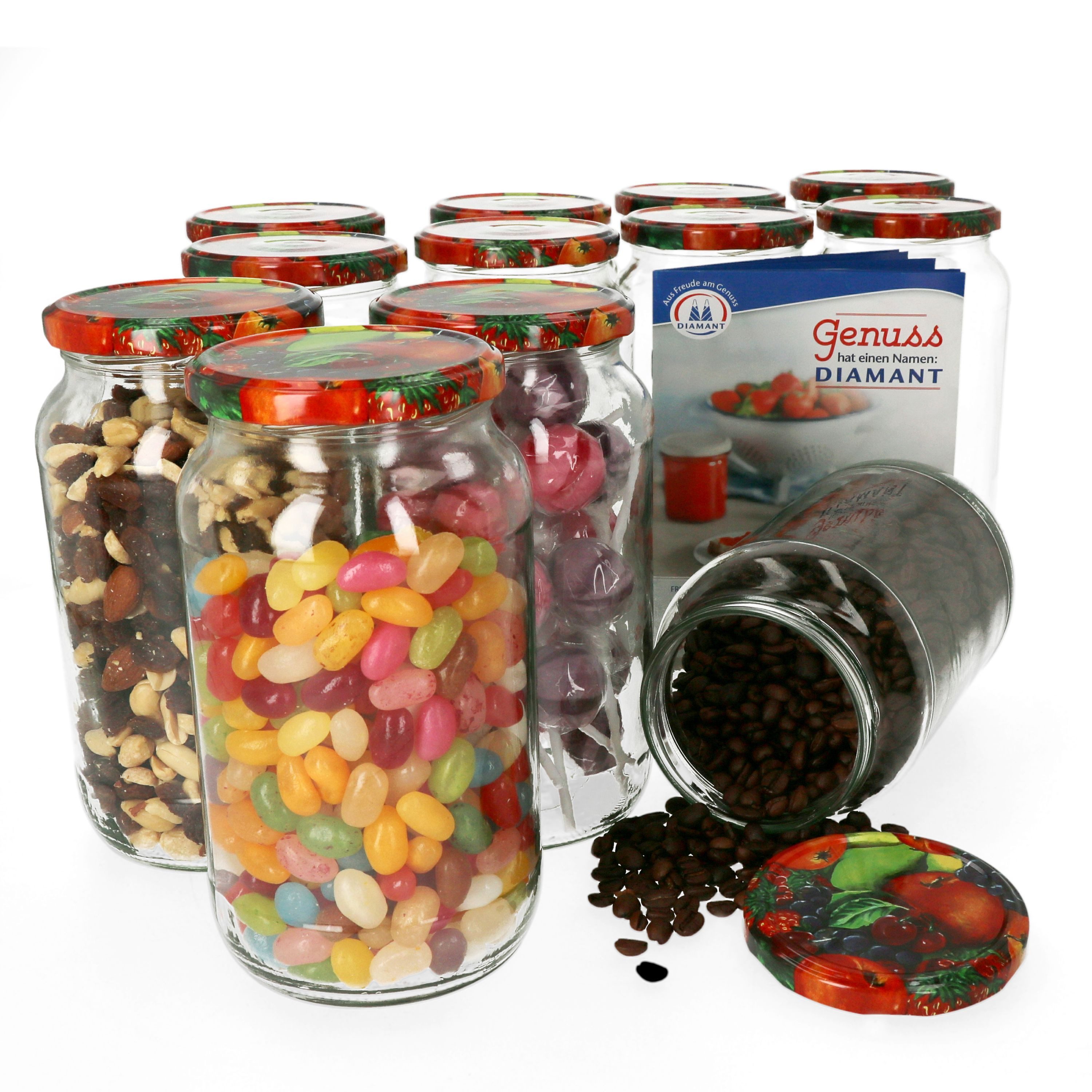 MamboCat Einmachglas 12er Set Rundglas 1062 ml To 82 Obst Deckel incl. Rezeptheft, Glas