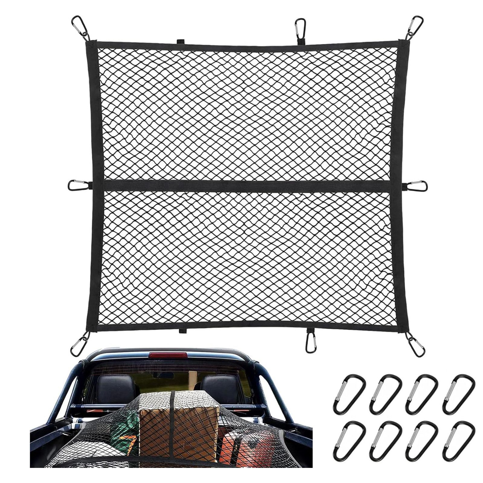 PRIISF Spanngurt Gepäcknetz Auto Багажник Чемоданыraumnetz KFZ Transport Befestigung (Hochelastisches Gepäck Trenn Чемоданыraum Netz LKW-Bett-Organizer, 120x120cm dehnbar bis 210x210cm mit 8 Stahlkarabinern) Universal für große SUVs, Transporter, Busse, Vans, Fahrrad, Motorrad