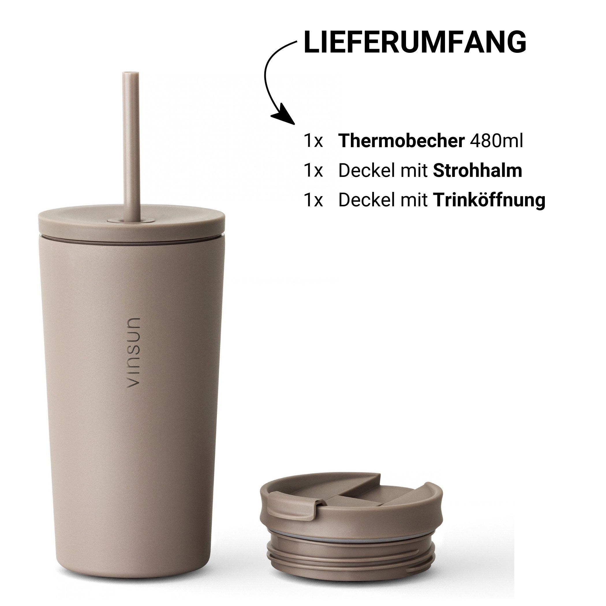Vinsun Thermobecher Edelstahl Becher mit Strohhalm 480ml - Isolierbecher auslaufsicher, 4-tlg., Edelstahl, Doppelwandig isoliert, BPA frei, bruchfest, Kalt- und – Bild 4 von 5