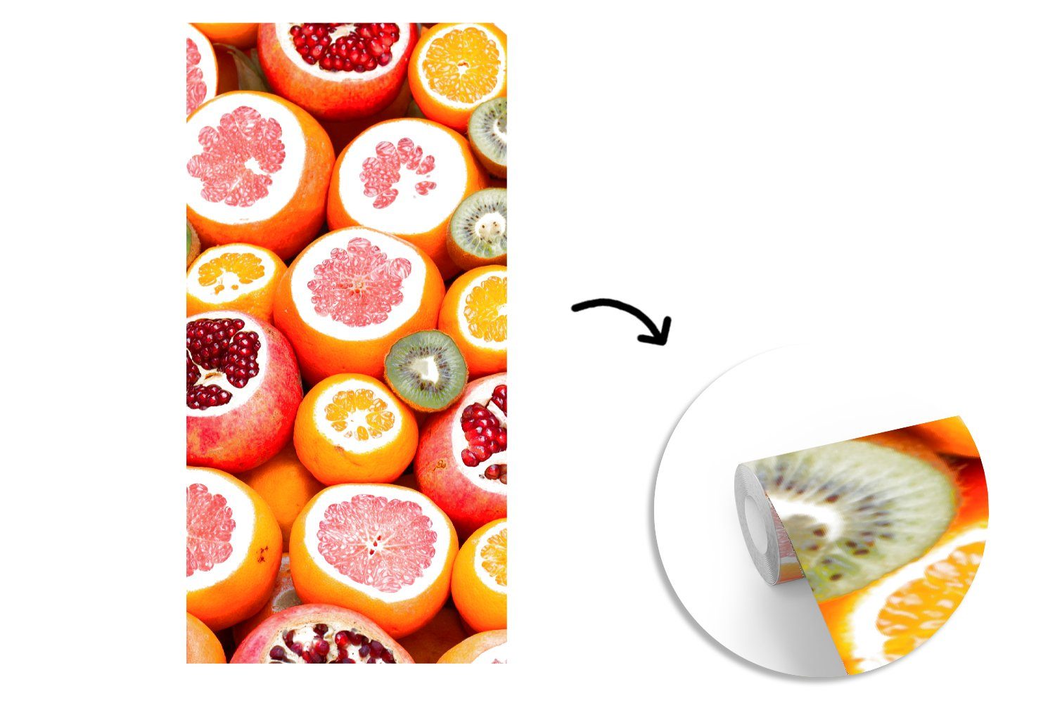 MuchoWow Fototapete Obst - (2 Vliestapete Zitrusfrüchte Küche, Fototapete Schlafzimmer Orange, - bedruckt, St), Wohnzimmer für Matt